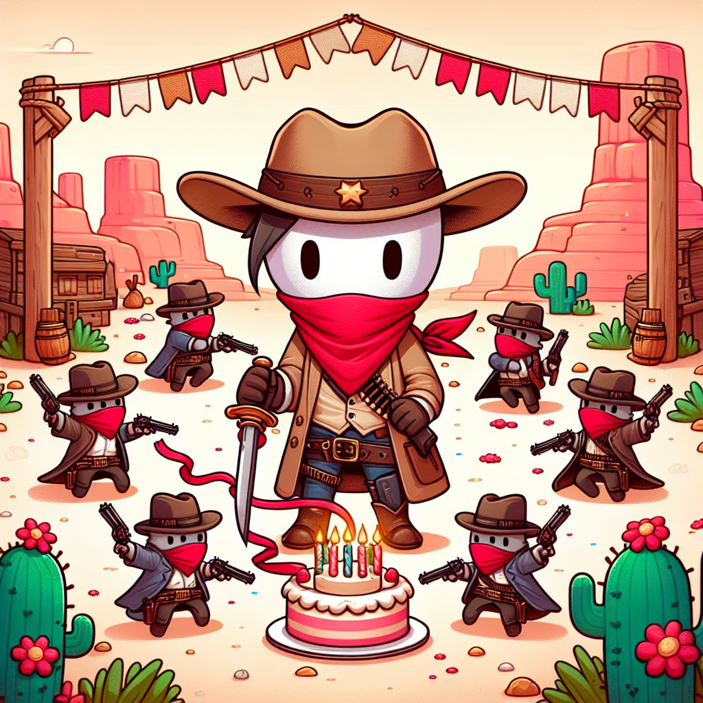 An illustration for a celebration themed around a classic Wild West videogame. It features a cutesy-styled, anonymous cowboy character acting as protagonist, holding a birthday cake shaped like his iconic hat, surrounded by adorable animal bandits dressed in miniature cowboy outfits, each brandishing a party favor. The scene has red accents flowing through it - from the cowboy character's scarf to the ribbons on the cake - tying the theme to a classic western videogame. This richly colored spectacle is housed against an enchantingly charming, cartoonish, pastel desert scene.
Generated with these themes: Red dead redemption .
Made with ❤️ by AI.