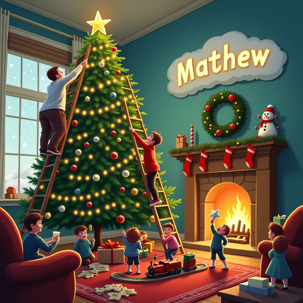 The scene is set in a cozy living room where the Christmas festivities are in full swing. In the center stands a majestic Christmas tree, its lush green branches spread wide, adorned with twinkling lights and an array of colorful ornaments. Two adults are perched on ladders, delicately hanging shimmering silver and gold baubles; one on each side of the tree. Their concentration is palpable as they reach for high branches, carefully placing each ornament. To the right of the tree, a cheerful fireplace glows warmly with crackling logs, its mantle decorated with red stockings and sprigs of holly. 

In the foreground, a group of kids play gleefully on a plush red and green checkered rug. They are building a miniature train track that winds around wrapped presents, their faces lit with excitement and anticipation. One of the kids holds up a shiny silver star, ready to crown the top of the tree when the moment arrives.

In the background, a large window reveals a gentle snowfall outside, with snowflakes dancing gracefully to the ground. Above the scene, in the sky visible through the window, are fluffy white clouds, artfully shaped to spell out "Matthew," as if the sky itself is sending a special Christmas greeting to him. The whole scene is brimming with intricate details, from the snowman-shaped cookies on a nearby table to the tiny wreaths hanging from the window panes, making it a delightful capture of holiday cheer and warmth.
Generated with these themes: Christmas tree, People on ladders hanging ornaments, and Kids playing.
Made with ❤️ by AI.