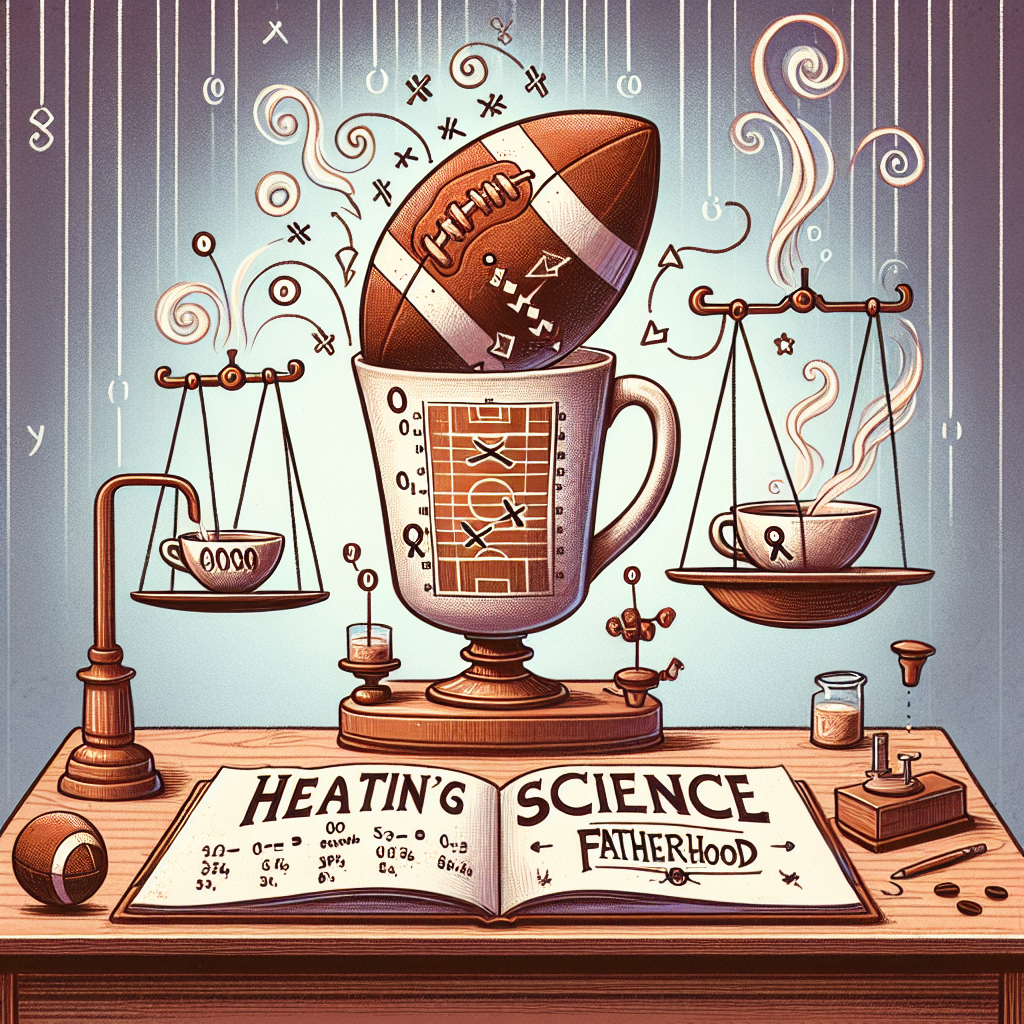 Create a heartening Father's Day themed illustration. The setting is a cozy living room. On a side table, there is a mug of coffee producing delicate swirls of steam. The mug is decorated with X's, O's and arrows, reminiscent of football strategy diagrams. Adjacent to the mug is an open book titled 'The Science of Fatherhood.' This book contains whimsical, hand-drawn illustrations of experiments demonstrating the balance between work and play, such as images of foot-long rulers perfectly balancing footballs and coffee cups on scales.
Generated with these themes: Coffee football science .
Made with ❤️ by AI.