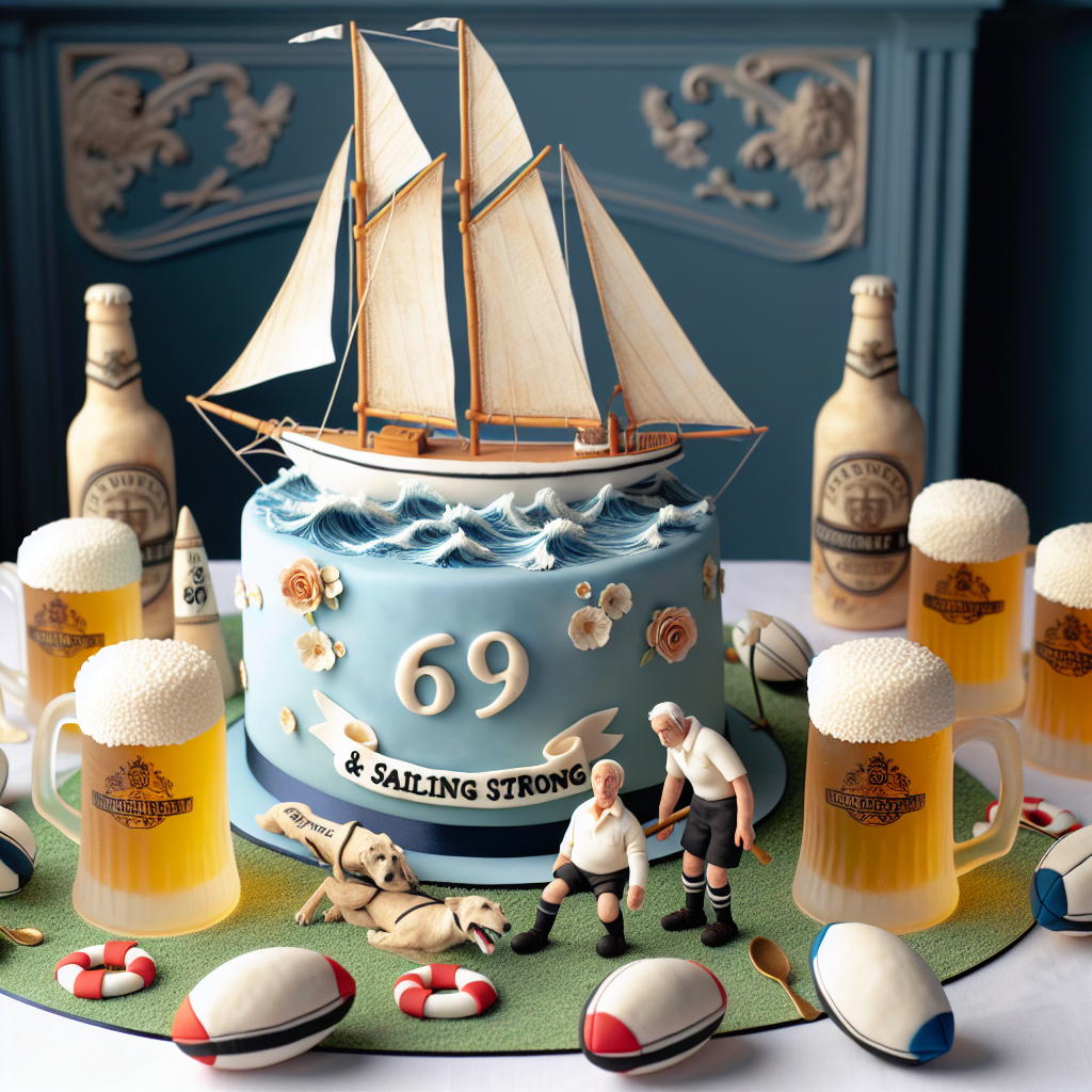 A meticulously arranged 69th birthday scene with a touch of realism serves as a canvas for celebrating life's journey. Serving as the centerpiece is a finely crafted model of a sailboat, symbolizing the navigation of life's vast oceans. Scattered around are accents shaped like rugby balls, tributes to a beloved sport. Surrounding the sailboat are custom-made beer mugs bearing the etching '69 & sailing strong', serving a dual purpose of drinkware and sentimental keepsakes. At the centre, a simply elegant cake stands proudly, adorned with marzipan figures of a rugby player and a sailor sharing cheers with miniature beer mugs made of frosting.
Generated with these themes: 69th birthday, sailboat, rugby, beer.
Made with ❤️ by AI.