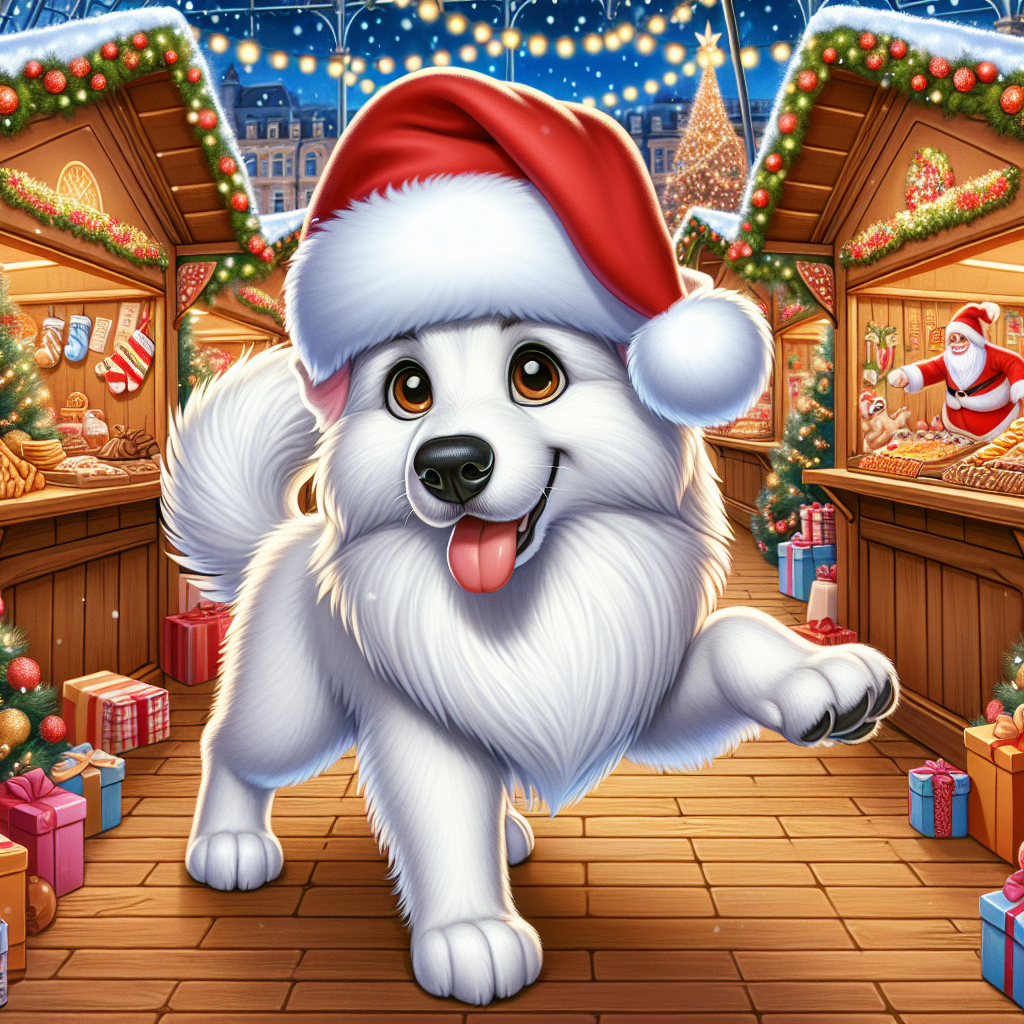 Create an image where in the center of a bustling Christmas market, a cartoon adult White Swiss Shepherd dog with a pristine white coat and sparkling brown eyes is seen wearing a Santa hat. The dog is playfully chasing its own tail, surrounded by festive stalls that are selling holiday treats and gifts. The background of the scene showcases glittering Christmas decorations.
.
Made with ❤️ by AI.
