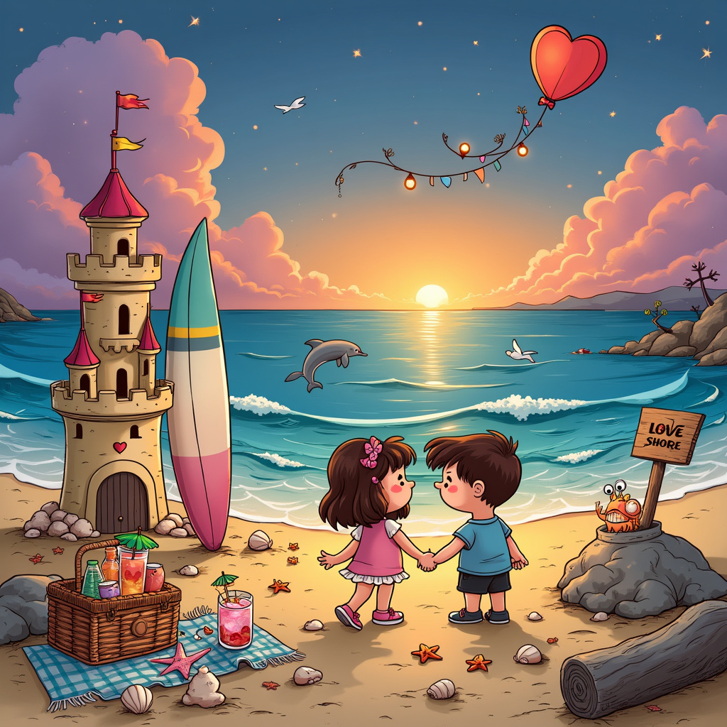 Picture a charming, colorful beach scene at sunset, where the sky transitions from hues of pink and orange to deep purple. On the sandy shore, there's a whimsical, almost fairy-tale-like quality to the setting. 

Front and center, a couple of cartoon characters, reminiscent of a Schulz-Disney hybrid, are holding hands. The couple is a delightful pair—one character, perhaps with the round, simple face of a Peanuts character, has floppy dog ears and a small, joyful smile. The other character, with a touch of Tezuka's detailed anime style, has bright, expressive eyes and a playful starfish in their other hand. 

The beach is strewn with charming little details—tiny crabs with mischievous expressions peek out from behind seashells, while a pair of seagulls, drawn with the quirky humor of Gary Larson, are perched on a wooden sign that reads, "Love Shore." Behind the couple, an elaborate sandcastle stands proudly, echoing the dreamlike intricacy of Winsor McCay's work. Flags and turrets, built with obvious care, give it a romantic, magical quality.

To the right, a surfboard painted with a vibrant heart and wave design leans against a driftwood log. Nearby, a vintage beach umbrella, striped in pastel colors, casts a cozy shadow over a classic wicker picnic basket overflowing with goodies. Two glasses of sparkling drink, garnished with tiny umbrellas, sit on a checkered blanket.

In the ocean, just beyond the couple, dolphins leap joyfully, capturing the playful spirit of a Calvin and Hobbes strip. The gentle waves are drawn with meticulous lines, giving a nod to the detail-oriented nature of Hergé’s art, creating a sense of movement and life.

Above, a kite in the shape of a heart, influenced by the visual storytelling of Will Eisner, flutters in the breeze, its string held by a small, comical crab with a knowing grin—a subtle nod to R. Crumb’s underground style. Further down the beach, a path of glowing lanterns guides the eye to a distant, quaint beach shack with twinkling fairy lights, a Spiegelman-like touch adding depth to the background.

Every element of this scene is crafted with care, telling a delightful and intricate story of love and companionship on a magical beach at sunset.
Generated with these themes: Beach, and Holding hands.
Made with ❤️ by AI.