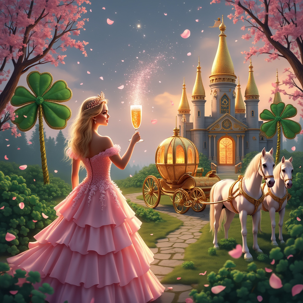 In the center of the scene, there is a whimsical castle made of champagne flutes, each glass filled with bubbly champagne that reflects the light in golden hues. The castle's turrets and walls are adorned with pink sparkles, which glisten like tiny stars under the sunlight. The entrance to the castle is framed by two giant shamrocks, their vibrant green leaves intricately detailed with dew drops that add a touch of realism. 

To the right of the castle, there is a grand, royal carriage made entirely of elaborate, gilded scrollwork, with wheels that resemble giant gold coins stamped with the number "40" to signify the milestone birthday. The carriage is pulled by elegant white horses with flowing manes braided with pink ribbons and sparkles. 

In front of the castle stands a stunning blonde lady dressed in a magnificent princess gown. Her dress is a blend of soft pastel pinks and greens, with shamrock motifs subtly integrated into the fabric. She wears a sparkling tiara that captures the light, sending pink sparkles around her. She holds a glass of champagne aloft, as if in a toast, with bubbles rising from the glass and transforming into tiny shamrocks as they float away.

Surrounding the scene, delicate cherry blossom petals in shades of pink flutter gently through the air, some landing softly on the castle and carriage. In the background, there's a magical twilight sky, with hues of purple and pink, and a giant "40" shaped constellation made of twinkling stars.

Overall, this birthday scene is a surreal blend of enchantment and elegance, tying together the elements of champagne, pink sparkles, a 40th birthday, shamrocks, a princess, and a blonde lady into a captivating, fairy-tale illustration.
Generated with these themes: Champage, Pink sparkles, 40 birthday, Shamrock, Princess , and Blonde lady .
Made with ❤️ by AI.