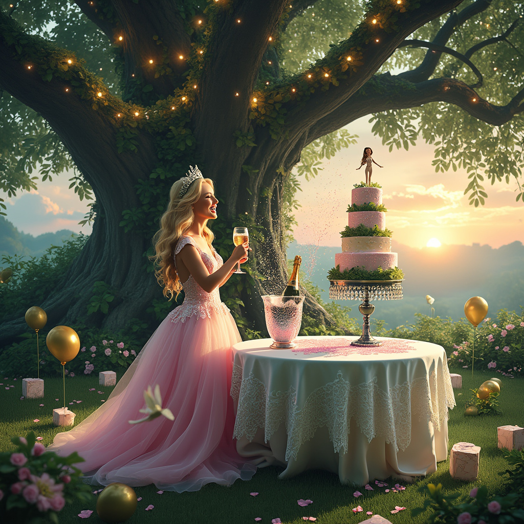 Picture this: A vibrant birthday garden party set in an enchanted, whimsical realm where reality and fantasy blur. At the heart of the scene is a grand, ancient oak tree whose twisted branches and lush foliage form a natural canopy adorned with fairy lights and cascading pink sparkles. Nestled beneath this magical tree is an ornate, round table draped with a white lace tablecloth, glistening with golden flecks.

In the center of the table, a large bottle of champagne sits in an ice bucket shaped like a four-leaf shamrock, the chilled droplets glistening like diamonds. The cork is mid-pop, sending a burst of bubbly into the air, mingling with the pink sparkles that seem to dance and twirl around it.

To the left of the table, a regal blonde lady stands. She is dressed in a flowing, pastel pink gown adorned with delicate shamrock patterns, a glittering tiara perched atop her wavy locks. Her laughter is frozen in the moment, eyes sparkling as she lifts a crystal glass of champagne in a toast.

Next to her, a grand, multi-tiered birthday cake sits on a silver pedestal. The cake is decorated with intricate designs of pink sparkles and miniature shamrock motifs, each tier a tribute to her 40th birthday. A princess figurine, looking strikingly similar to the blonde lady, stands triumphantly on the top tier, holding a tiny champagne flute.

Scattered around the scene are hints of the party guests - golden balloons shaped like the number 40, whimsical shamrock confetti on the ground, and dainty pink sparkles seemingly floating through the air, caught in the moment of joyous celebration. The backdrop reveals a vibrant, surreal sky, with hues of sunset blending into twilight, adding a final touch of magic to this extraordinary celebration.

This enchanting garden party scene is a perfect blend of the themes, capturing the whimsy and joy of a 40th birthday with a surreal, artistic twist.
Generated with these themes: Champage, Pink sparkles, 40 birthday, Shamrock, Princess , and Blonde lady .
Made with ❤️ by AI.