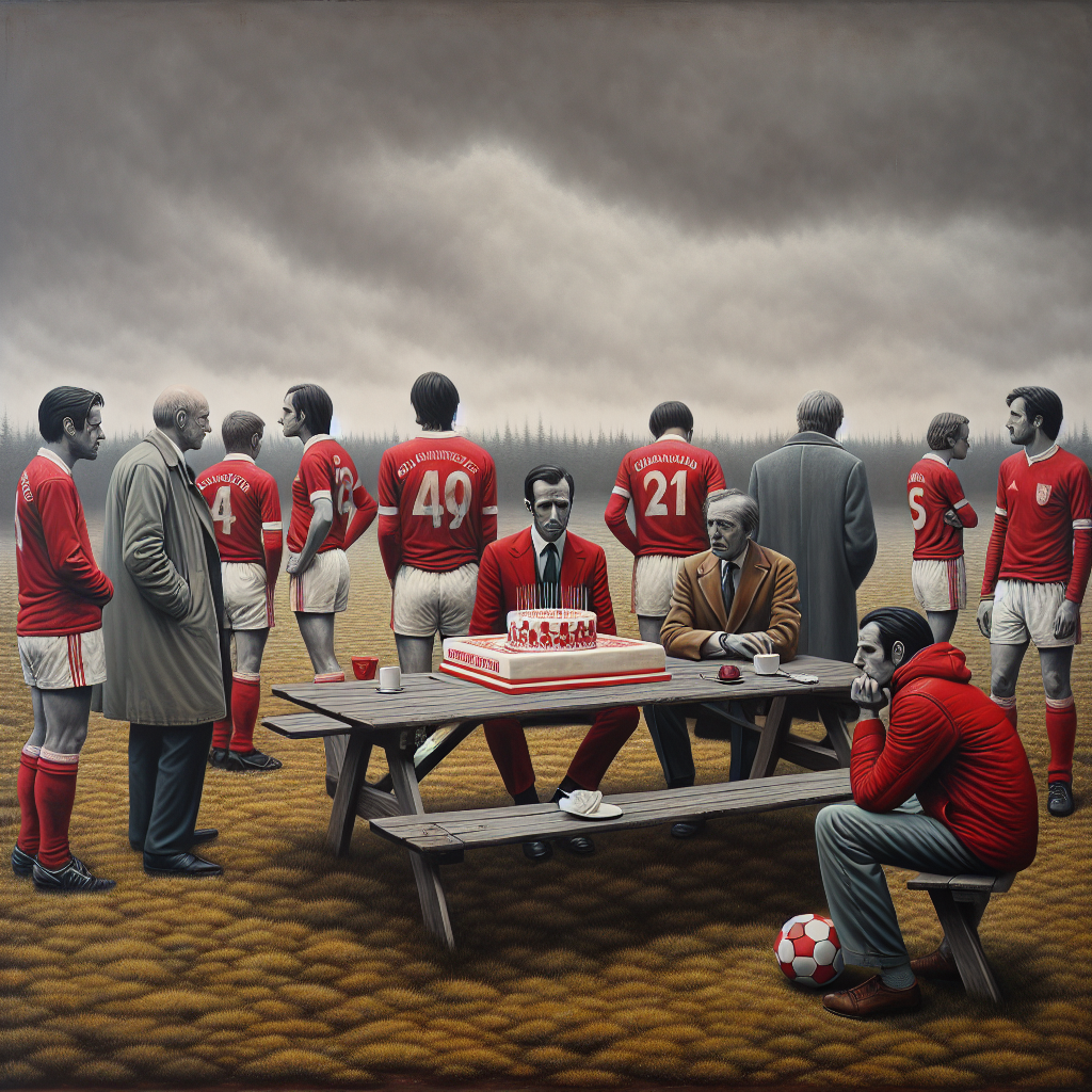 A melancholic birthday artwork situated in an open air setting portrays a diverse mix of individuals dressed in the striking red of an unrecognized football team, socializing around a football-themed cake. The overcast heavens, insular grassy terrain, and subdued hues indicate a pondering ambiance, as if the festivity is a tribute to a bygone triumph or the birthday of an admired sportsman.
Generated with these themes: Football , Liverpool, and Outdoors.
Made with ❤️ by AI.