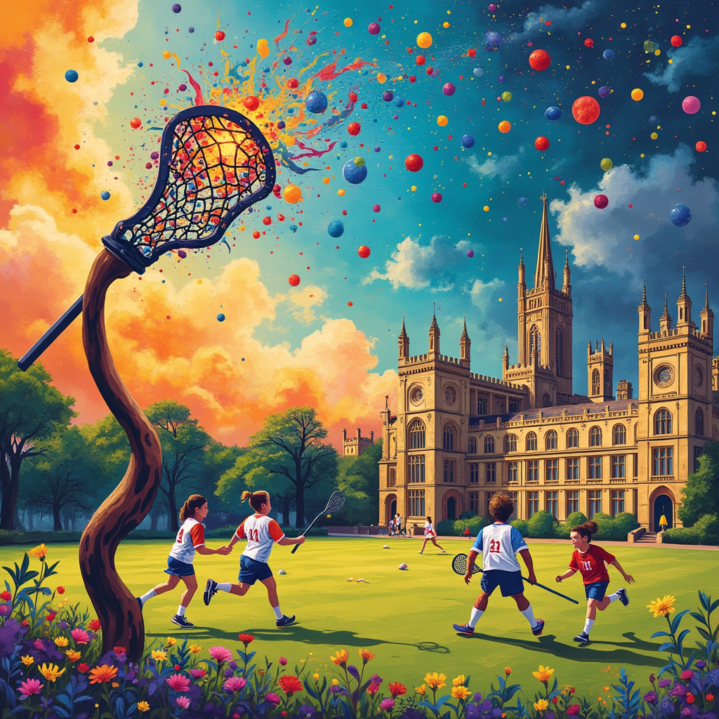 In this whimsical birthday card scene, envision a playful mash-up of lacrosse, chemistry, and the venerable halls of Oxford University, all painted with a vivid abstract flair inspired by the greats. In the foreground, a lacrosse stick morphs into a fantastical, looping form reminiscent of Kandinsky’s vibrant, swirling shapes. Its netting is not ordinary, but an array of beakers and test tubes from which colorful chemical concoctions bubble and froth, casting ethereal plumes of Pollock-esque splatters across the canvas. These chemical reactions release an effervescent series of periodic table elements that float like Mondrian’s geometric blocks, scattered in an orderly yet chaotic dance around the scene.

In the background, Oxford's iconic Radcliffe Camera looms in an imaginative Rothko-inspired silhouette, with broad, horizontal bands of earthy tones, blending seamlessly into a surreal, de Kooning sky filled with swirling clouds that seem to converse in an abstract dialogue of their own. Miró-like constellations are dotted throughout this otherworldly sky, connected by lines that suggest the paths of lacrosse balls and chemical formulas, creating a universe where science and sport coexist.

On the lawn below, a group of spirited, cartoonish Oxford scholars—depicted with the light-hearted touch of Agnes Martin’s playful geometry—are engaged in an exuberant game of lacrosse. Their jerseys display elemental symbols in the style of Cy Twombly’s looping scribbles, adding a layer of academic whimsy. The grass beneath them is not mere greenery but a vibrant Richter tapestry of hues, reminiscent of an intricate chemistry experiment, with pigments blending into a beautiful, chaotic harmony.

Overall, this scene is an imaginative and colorful fusion of elements, each connected through playful abstraction, inviting the birthday celebrant to embrace the chaos of life’s many wonders.
Generated with these themes: Lacrosse , Chemistry , and Oxford University .
Made with ❤️ by AI.