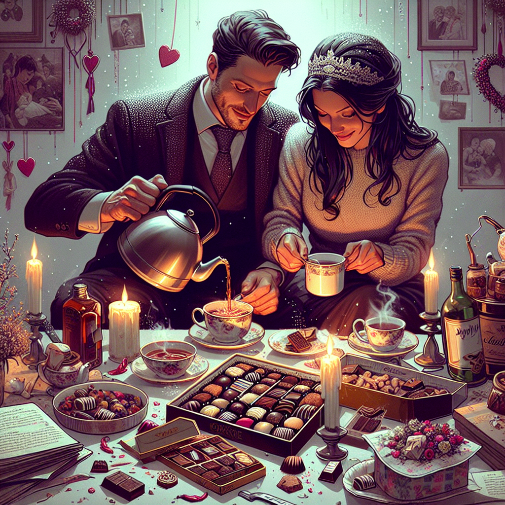 Illustrate an image capturing an anniversary celebration of a Caucasian man and a Hispanic woman engaged in their shared passion for tea and chocolate. They are unwinding together in a cozy nook, enveloped by adornments filled with sentiments of love. A kettle hums subtly in the backdrop, indicating the readiness of their tea. They are seen pouring the hot beverage into their preferred mugs, with the steam intertwining in the air above. In the midst of their valued keepsakes, an opened case of diverse chocolates is visible, a few having already been affectionately shared between them. The scene aims to embody the quintessence of an uncomplicated yet ideal celebration.
Generated with these themes: Moaning, Tea, and Chocolate.
Made with ❤️ by AI.