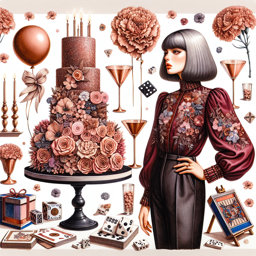 80 flowers birthday cake, Grey bob with fringe, Burgundy flower blouse, Black trousers, Rose gold carnations, Rose gold balloons, Cards, Jigsaw, Dominoes, Trophy, and Gold glasses Birthday Card