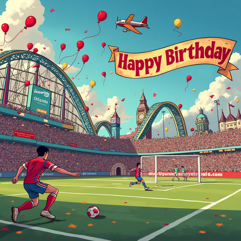 The scene unfolds in a vibrant and whimsical soccer stadium that combines various captivating themes. In the foreground, an Arsenal Football Club player, clad in the team's iconic red and white jersey, energetically strikes a soccer ball toward the goalpost. This goalpost stands out; it is creatively designed to resemble the entrance of the Orlando Universal Studios, complete with rollercoaster tracks looping around it. The prominent Rip Ride Rockit Rollercoaster features colorful carriages zipping past and arching over the soccer field. Meanwhile, fans in the stands enthusiastically wave flags and sport a mix of Arsenal scarves alongside Universal Studios merchandise, seamlessly blending the worlds of soccer and theme parks. To the left, a giant scoreboard showcases animated characters from beloved Universal movies, including Minions and dinosaurs from Jurassic Park, who cheer loudly and display cheerful birthday messages. The backdrop features a stunning cityscape that melds elements of both London and Orlando, integrating the London Eye and Big Ben with palm trees and rollercoaster structures. The atmosphere is festive, filled with balloons and confetti, while a banner towed by a plane flies overhead, reading "Happy Birthday," adorned with a medley of soccer balls and rollercoaster icons. The entire scene is alive with bright colors and intricate linework inspired by various artists, characterized by playful and exaggerated proportions that enhance the lively and celebratory mood.

Generated with these themes: Soccer, Arsenal Football Club, Visiting Soccer Stadiums, Sports, and Orlando Universal Hollywood Rip Ride Rockit Rollercoaster.  
Made with ❤️ by AI.