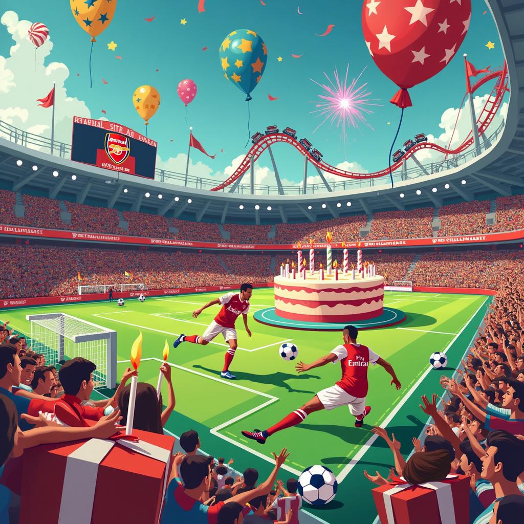 The vibrant scene unfolds at a fantastical birthday celebration held within an intricately detailed soccer stadium. Dominating the background, the massive modern structure of the stadium proudly displays the iconic Arsenal Football Club logo on a large screen. Excited fans, dressed in striking red and white jerseys, fill the stands, energetically waving flags and banners. In the foreground, a cartoonish and exaggerated figure of an Arsenal footballer showcases his skills as he dribbles a soccer ball, his oversized limbs and expressive face bringing a humorous touch to the atmosphere. To one side, a section of the stadium has been creatively transformed into the Orlando Universal Hollywood Rip Ride Rockit Rollercoaster, illustrated with bright, dynamic lines and filled with delighted, screaming birthday guests. The rollercoaster twists and loops dramatically around the soccer pitch, executing impossible and thrilling maneuvers. At the center of it all, a large and colorful birthday cake, shaped like a soccer ball, rests on a table, adorned with candles and a small Arsenal flag peeking from the top. Gift boxes wrapped in Arsenal-themed paper, featuring patterns of soccer balls and the club’s logo, surround the cake. Adding to the whimsy are balloons floating in the shapes of rollercoaster cars, soccer balls, and miniature soccer players, while the sky above bursts with vibrant fireworks, creating a festive backdrop. Every element is executed in a playful, vector art style, characterized by bold lines and vivid colors, reminiscent of artists like Yulia Sokolova and Patrick Seymour. This lively and dynamic birthday scene harmoniously merges themes of soccer, the Arsenal Football Club, visiting soccer stadiums, sports, and the exhilarating thrill of the Orlando Universal Hollywood Rip Ride Rockit Rollercoaster, culminating in an unforgettable celebration. 

Generated with these themes: Soccer, Arsenal Football Club, Visiting Soccer Stadiums, Sports, and Orlando Universal Hollywood Rip Ride Rockit Rollercoaster. 
Made with ❤️ by AI.