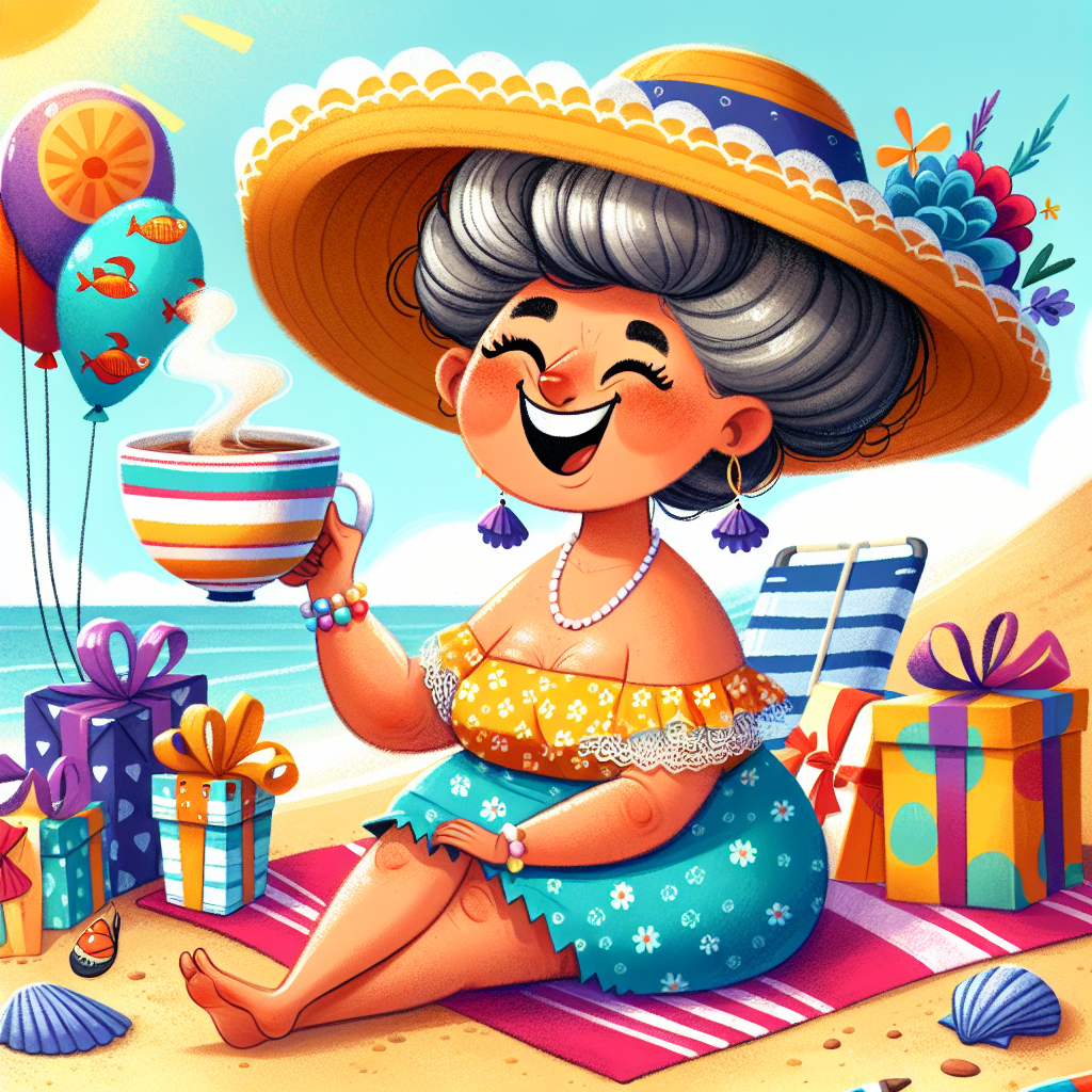 Create a whimsical illustration of a cheerful Hispanic woman, affectionately referred to as Auntie, from Marbella. She is throwing a seaside birthday party. She is intentionally drawn larger than the other guests to emphasize her role and joy. She has a playful twinkle in her eye expressing her mirth. She is seated on a brightly colored beach towel among gift-wrapped seashells and balloons in the shape of fishes. She holds a large steaming cup of tea in her hand, which has a tiny umbrella in it that complements the sunny beach atmosphere.
Generated with these themes: Auntie, Marbella, and Cup of tea.
Made with ❤️ by AI.