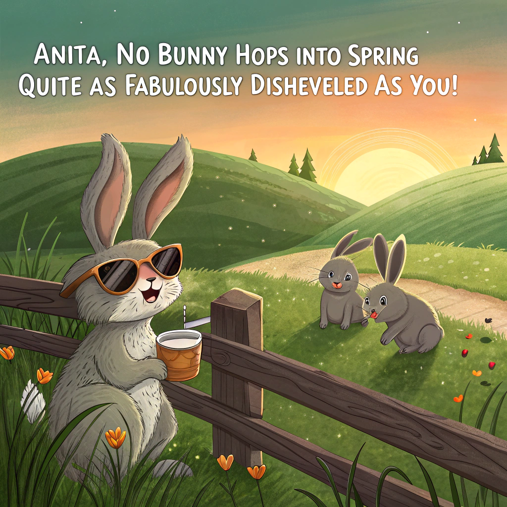 At the top of the realistic photograph image, "Anita, no bunny hops into spring quite as fabulously disheveled as you!"

— Depict a realistic countryside scene at sunrise: dew-covered grass, rolling green hills in the background, and a group of rabbits gathered near a weathered wooden fence.

— One rabbit is humorously dressed in lopsided oversized sunglasses, tangled bunny ears (like they’ve just rolled out of bed), and sipping from a tiny espresso cup with utter seriousness.

— A cracked chocolate egg lies nearby, revealing colorful jelly beans spilling out onto the ground.

— Add at the bottom of the image: “Hop to it and have an egg-stra wonderful Easter!”
Generated with these themes: Rabbits, Countryside, Photographic, Simple greeting, and .
Made with ❤️ by AI.