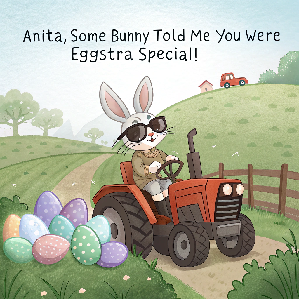 At the top of the image, "Anita, some bunny told me you were eggstra special!"

– Create a realistic photograph featuring a mischievous-looking rabbit wearing sunglasses and perched proudly on a tractor seat in a rolling green countryside field.  
– Around the bunny, scattered pastel-coloured Easter eggs sit awkwardly in a pile as if they’ve just fallen off the back of the tractor.  
– In the background, a few curious sheep peek over a fence as another rabbit zooms off in a miniature sidecar wearing aviator goggles.  
– The whole scene should have a golden-hour glow, making the farmland warm and whimsical while still photo-realistic in style.
Generated with these themes: Rabbits, Countryside, Photographic, Simple greeting, and .
Made with ❤️ by AI.