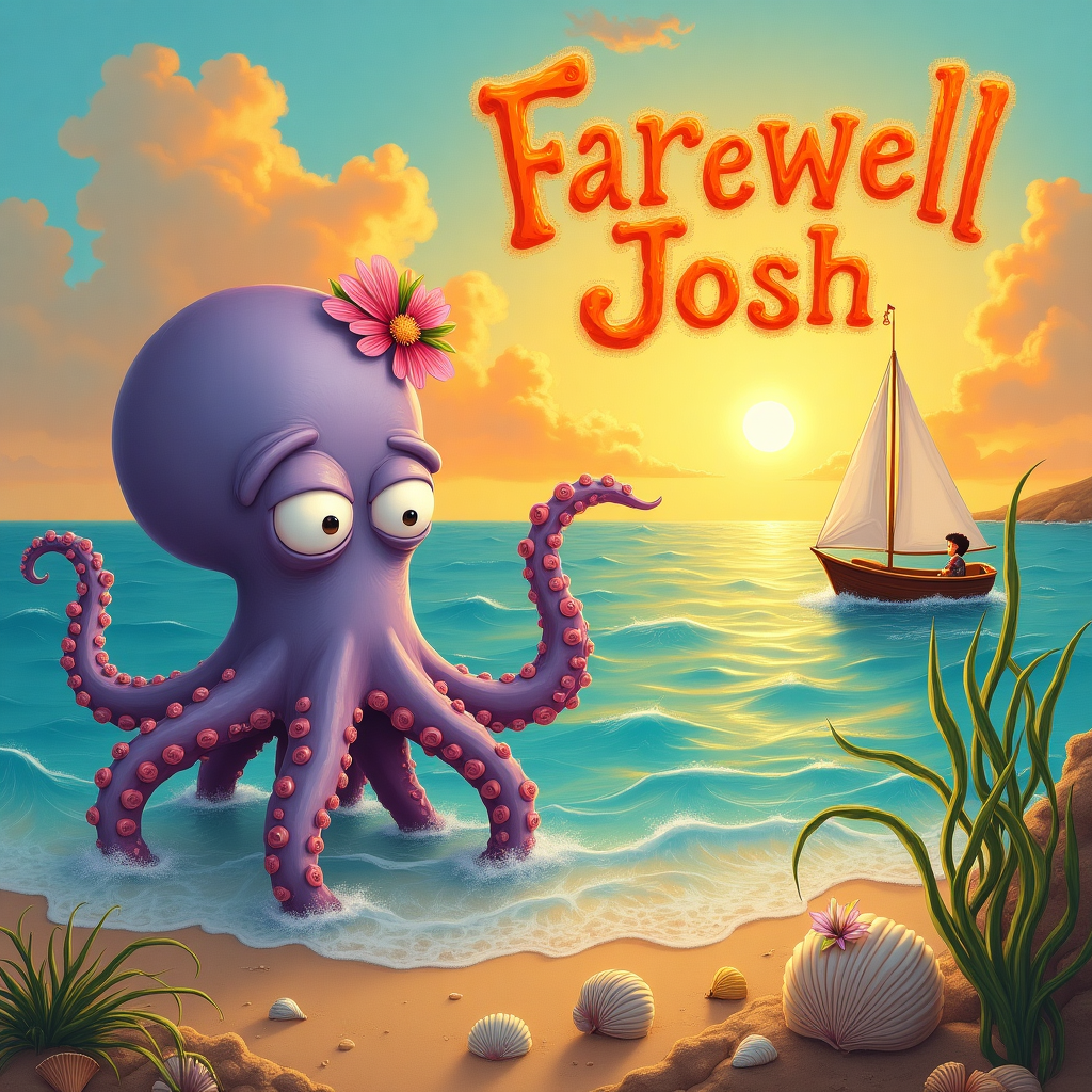 An octopus wears a name badge that says international , The octopus waves goodbye to a boy sailing off into the distance who is obscured from view, and The message reads Farewell Josh Farewell Card