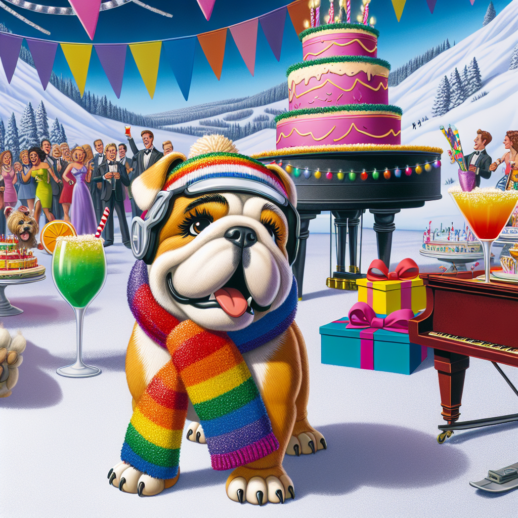 Visualize a charming cartoon scene of an inclusive birthday party. At the center of the scene stands a delightful bulldog, donning ski attire with a substantial grin across its face. Wrapped around the bulldog's neck is a vibrant scarf dyed in all hues of the rainbow, signifying LGBTQ support. This jovial canine situates itself at the bottom of a snow-covered ski hill. In the distance, a grand piano draped in festive birthday adornments is prominently displayed. The event attendees can be seen engaged in lively chatter, their hands clasping on to their drinks, as a table decorated with an assortment of colorful cocktail beverages adds to the merry occasion.
Generated with these themes: Bulldog, Lgbtq, Skiing, Piano, and Cocktails.
Made with ❤️ by AI.