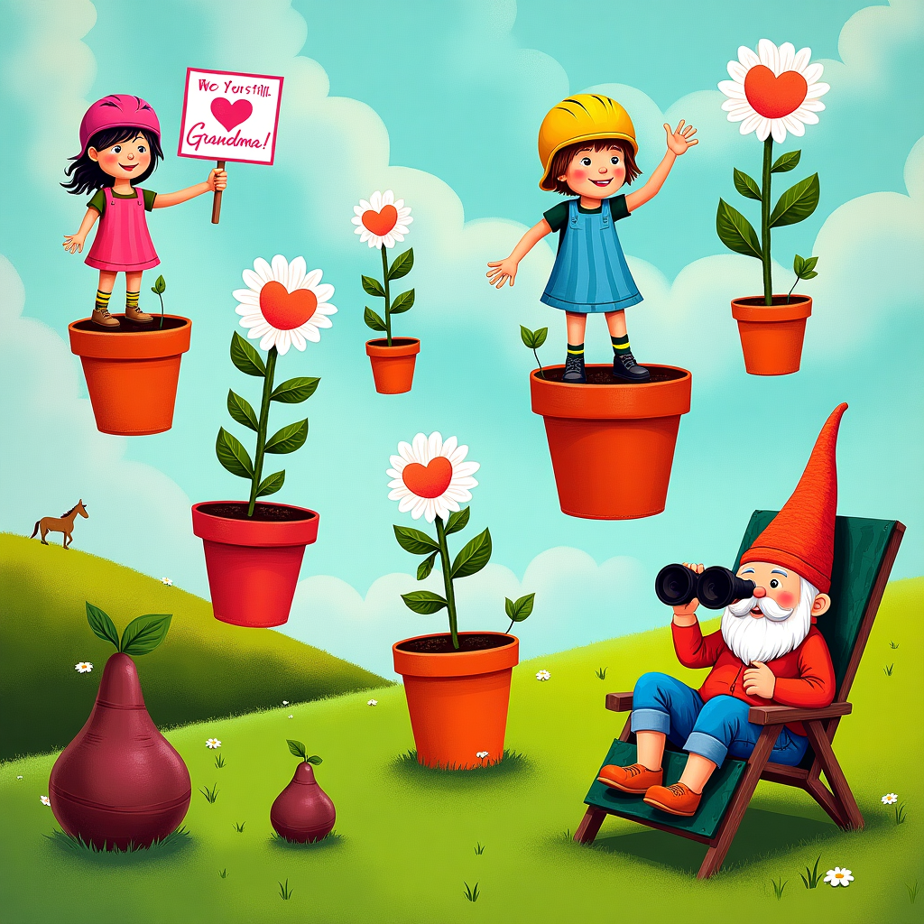 **Prompt:**  
At the top of the abstract image, *"Happy Dirt-Day Shelagh – You're still bloomin' marvellous!"*

A whimsical, abstract composition featuring surreal, floating flower pots wearing riding helmets, sprouting not just plants but tiny cartoon grandchildren popping up like daisies. One plant is holding a sign that says "We 💚 Grandma!" Off in the distance, abstractly painted horses gallop through wavy lines of pastel clouds shaped like watering cans. A funky garden gnome lounges on a lawn chair watching it all through binoculars while sipping tea from a flowerpot. Bright colours like lime green, sunflower yellow, and fuchsia dance across the scene, giving a playful, lively tone, while wobbly, painterly brushstrokes suggest movement and mischief. Hidden among the textures: a cheeky boot print (grandkid-sized) stamped on a prize marrow.
Generated with these themes: Loves gardening , Spending time with daughter and grandchildren, and Watching family horse riding.
Made with ❤️ by AI.