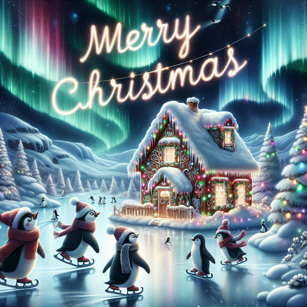 An enchanting depiction of the North Pole, where penguins are ice-skating in Christmas hats. In the background, a gingerbread house is decorated with lights, and the festive message 'Merry Christmas' is written in the sky with the Northern Lights illuminating the text.
Generated with these themes: Christmas hats.
Made with ❤️ by AI.