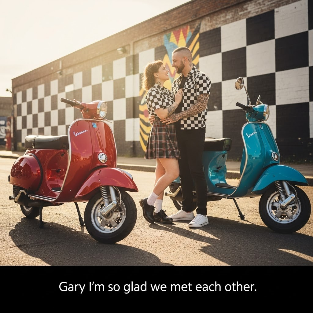 At the bottom of the Photorealistic picture taken from a camera image, include the text: "Gary I'm so glad we met each other."

---

Picture a sun-drenched scene in an urban landscape where two vintage scooters are parked side by side, their glossy, chromatic finishes reflecting the vibrant surroundings. A couple, both wearing classic ska skinhead attire, stand close to each other, exuding a blend of romance and nostalgia. The man, with his cropped hair and checkered shirt, gazes affectionately at his partner, while she, in her plaid skirt and polished Dr. Martens, leans towards him with a warm smile.

In the background, a mural of a two-tone checkered pattern typical of the ska scene adds an artistic touch, playing with contrasts and highlighting the couple's vibrant connection. The sun casts a gentle glow, creating soft shadows and a magical atmosphere of intimacy. The overall image, with its ultra-high-definition quality, captures the genuine emotion and timeless style of a romantic thank-you moment.
Generated with these themes: Ska skinhead scooter, and .
Made with ❤️ by AI.
