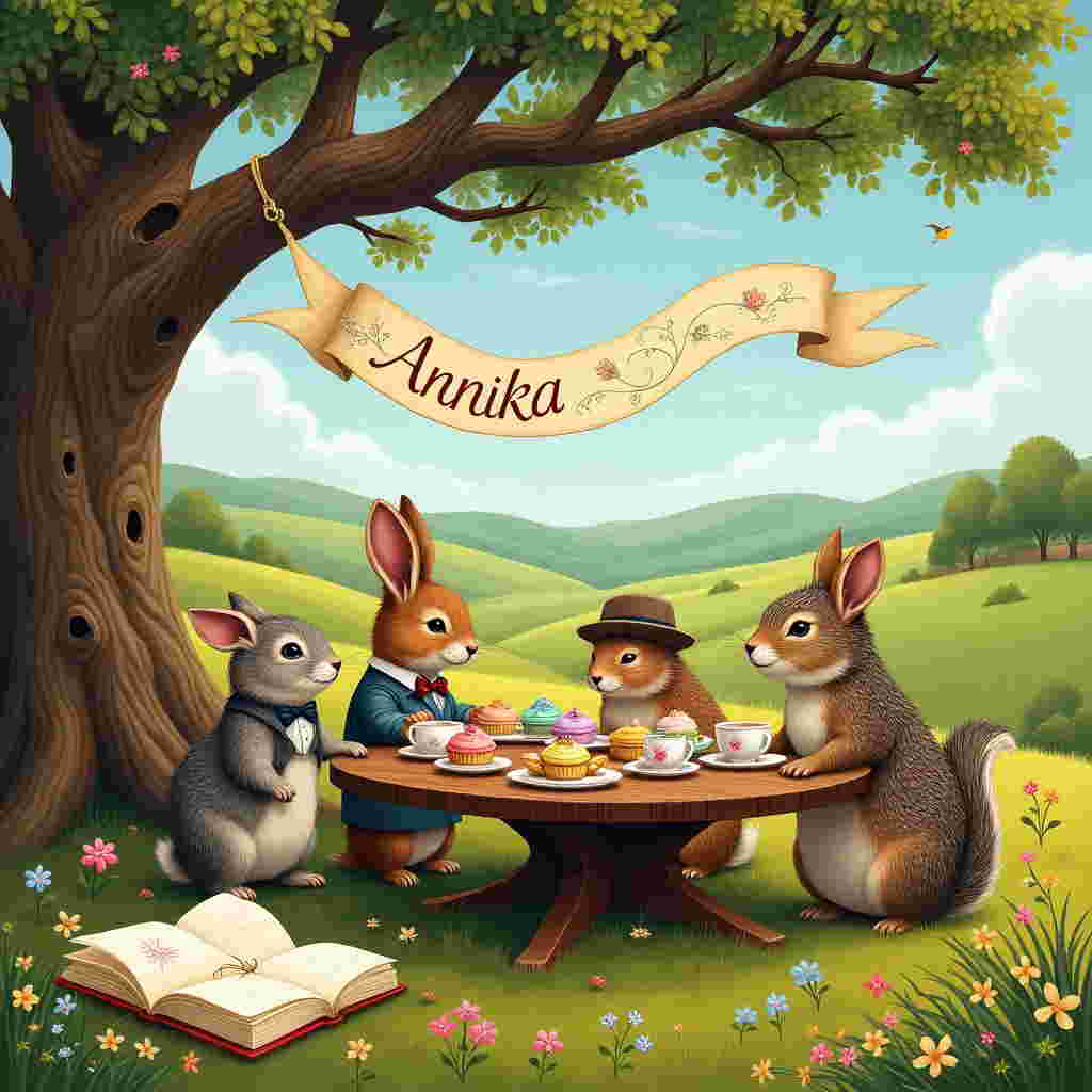 In the center of the scene, picture a charmingly whimsical outdoor tea party set beneath a sprawling oak tree. The tree's branches twist and twine in intricate patterns reminiscent of Arthur Rackham's detailed linework, with clusters of acorns and leaves rendered in deep earthy browns and vibrant greens.

Below the tree, a circular wooden table with a richly varnished surface is set with an array of delightful pastries and teacups, akin to the playful yet detailed scenes found in Beatrix Potter's illustrations. The pastries are an assortment of small tarts and macarons, glazed with soft pastels—peach, lavender, mint, and cream—each detailed with tiny sugar flowers.

Around the table, a group of endearing anthropomorphic animals, dressed in vintage attire reminiscent of Norman Rockwell's characters, are seated. A dapper rabbit in a waistcoat, a squirrel wearing a tiny bow tie, and a hedgehog in a charming hat are all engrossed in the tea party. Their fur is rendered with intricate hatching to capture the texture, with each creature having distinct patterns and colors—a mix of grays, browns, and soft whites.

Behind the tea party, rolling hills extend into the distance, painted with Maxfield Parrish-inspired hues of lush green and soft azure blue. Wispy clouds float lazily in a clear sky above, where the name "Annikka" is whimsically formed by a trailing banner caught in a gentle breeze. The banner is made of a thin, delicate fabric, fluttering and twisting with playful elegance.

Scattered around the base of the oak tree and among the grassy knoll are small wildflowers, detailed with precise strokes like those of Gustave Doré. Their bright yellows, blues, and whites add pops of color against the muted green of the grass.

In the foreground, an open book lies next to the table, pages gently turning in the breeze, with small sketches reminiscent of Quentin Blake’s lively style etched upon them—depictions of the day's adventure perhaps, linking back to the tea party scene with humor and warmth.
Generated with these themes: Nigga.
Made with ❤️ by AI.