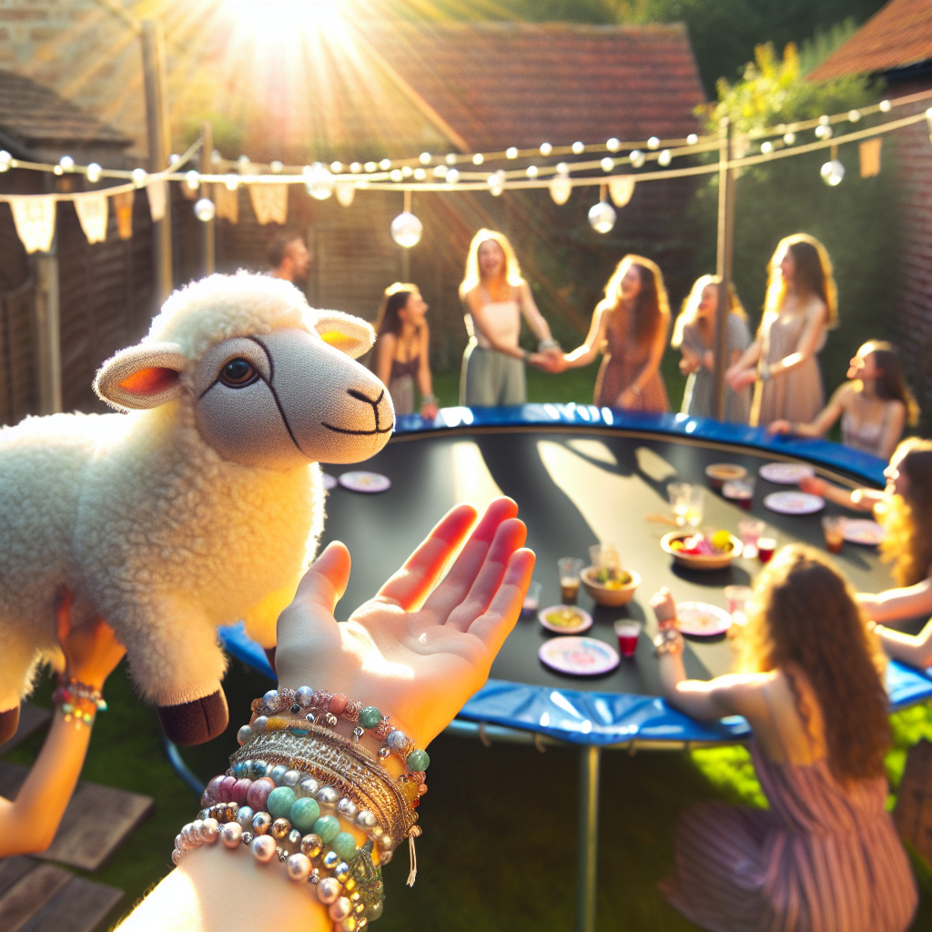 Visualize a captivating birthday scenario enveloped in radiant sunlight within a backyard setting. A striking, life-like toy sheep, with its plush fur and gentle eyes, gathers admiration. A group of friends with diversified descents and genders, embellished with delicately handcrafted bracelets, engage in lively discussions, their wrists reflecting the sunlight with every movement. A trampoline, large in size, is positioned at the center, inviting attendees for joyous jumps and imparting a sense of weightlessness mirroring the exhilarating ambiance of the occasion.
Generated with these themes: Sheep, Bracelets, and Trampoline .
Made with ❤️ by AI.