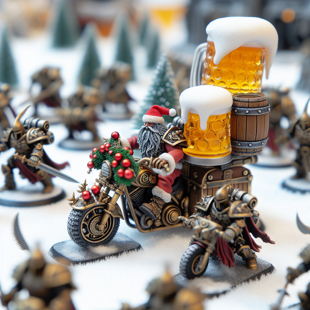 Drawing of a Christmas battle scene where Warhammer figurines are riding motorcycles with beer-themed decorations, amidst snow-covered terrain.
Generated with these interests: Warhammer, Motorcyles, and Beer.
Made with ❤️ by AI.
