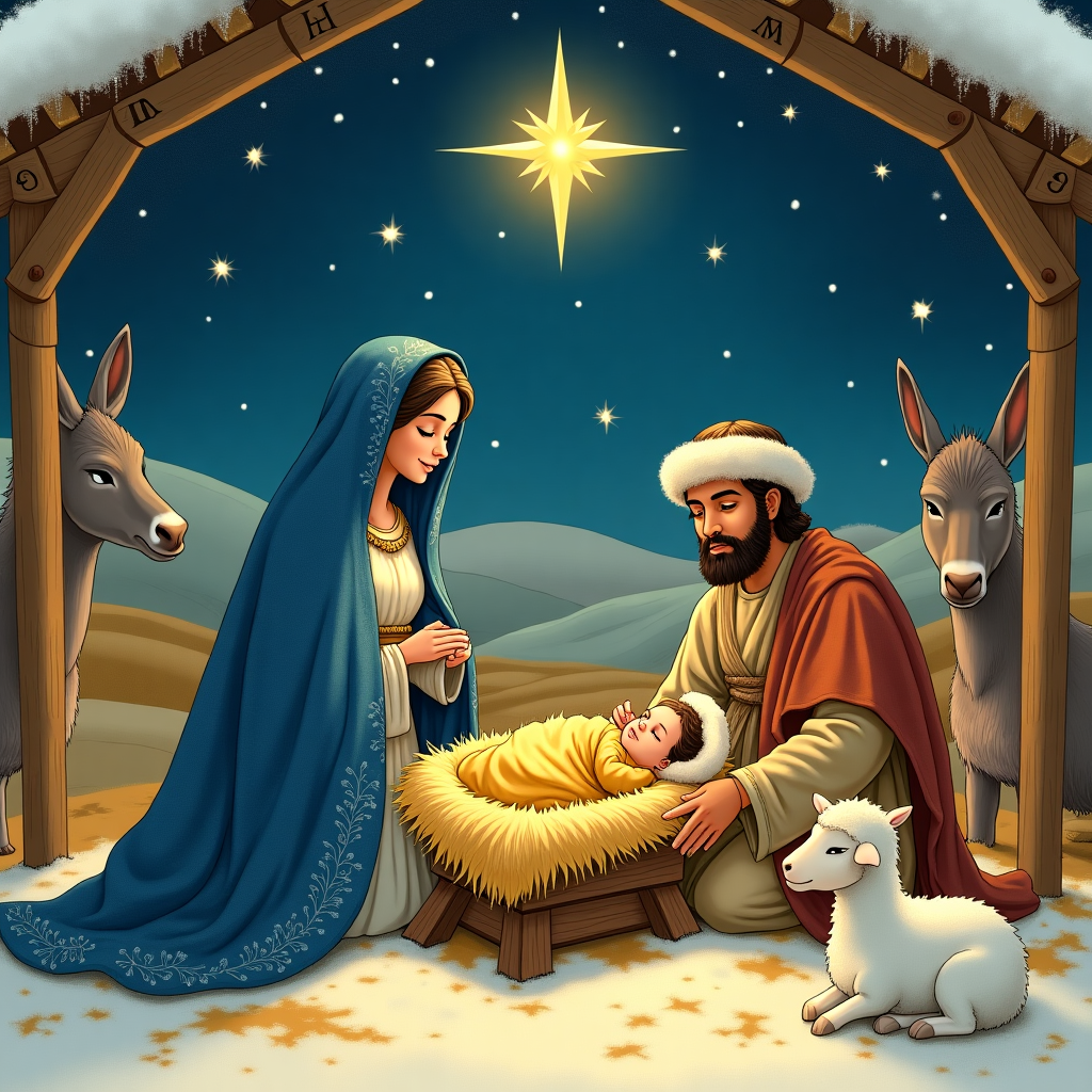 In the illustration, imagine a quaint and serene stable set amidst a starlit night sky, with a gentle snowfall adding a blanket of white across the rustic landscape. At the heart of the scene, Baby Jesus rests in a wooden manger, swaddled in a richly textured golden cloth, symbolizing purity and warmth. Mary, dressed in a deep blue cloak with intricate silver embroidery reminiscent of Aubrey Beardsley's style, gazes lovingly at her child. Her serene expression captures both the tenderness and strength of her character. Joseph, standing beside Mary, is depicted with a humble yet protective stance, wearing earth-toned robes that evoke a sense of groundedness. His hand rests gently on the manger, showing his devotion and support.

Surrounding the Holy Family are gentle animals—donkeys and sheep with soft, detailed fur drawn in the whimsical manner of Beatrix Potter—creating a sense of innocence and wonder. Above the manger, a luminous star, reminiscent of Maxfield Parrish’s enchanting use of light, shines brightly, casting a celestial glow that envelops the scene. In the background, faint outlines of rolling hills suggest a world beyond, reminiscent of a Maurice Sendak landscape, adding depth and storytelling to the illustration.

On the wooden beams of the stable, there are small, hand-carved initials of Rojan, Neethu, Joshua, and Jonah—subtle yet significant, like a hidden message in a Quentin Blake drawing. This touch connects the family names to the timeless scene. The greeting "Merry Christmas" is elegantly scripted in a corner, with letters interwoven with holly leaves and berries, inspired by the intricate line work of Edward Gorey. Each element tells a story of love, unity, and the magic of Christmas, inviting viewers to find solace and joy in the simple yet profound moment.
Generated with these themes: create a card wishing Merry Christmas  From Rojan,Neethu,Joshua and Jonah  make it on image of baby jesus joseph and ,mary.
Made with ❤️ by AI.