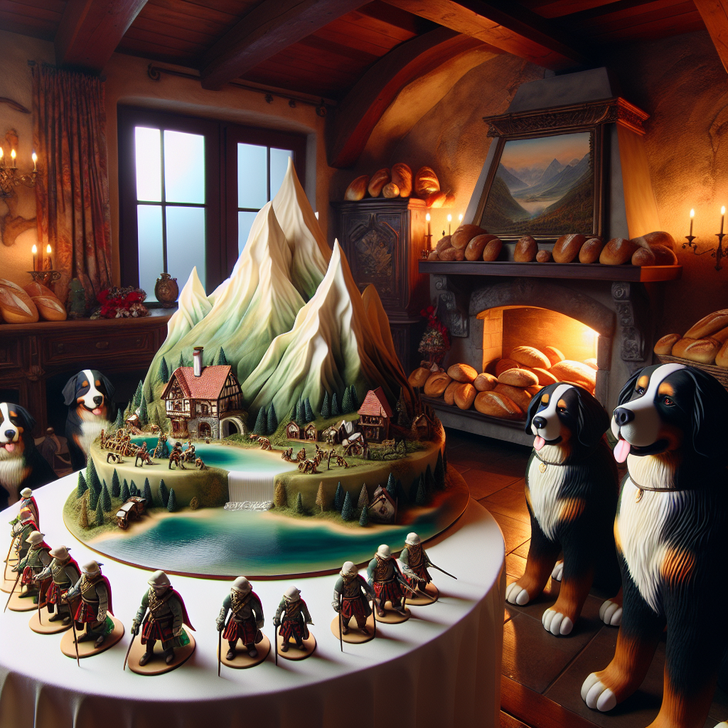A warmly lit room, adorned with realistic and charming birthday decorations. The centerpiece of the room is a cake skillfully designed to mimic a tranquil mountainous terrain. The cake is decorated with meticulously hand-painted figurines that resemble miniature soldiers of a traditional medieval fantasy game. Surrounding the cake are life-sized statues of Bernese Mountain dogs, each wearing festive collars. The room is filled with the comforting aroma of fresh bread baking in the oven, unifying the themes of fantasy and hominess into the birthday celebration.
Generated with these themes: Warhammer, Bernese Mountain dogs, baking bread .
Made with ❤️ by AI.