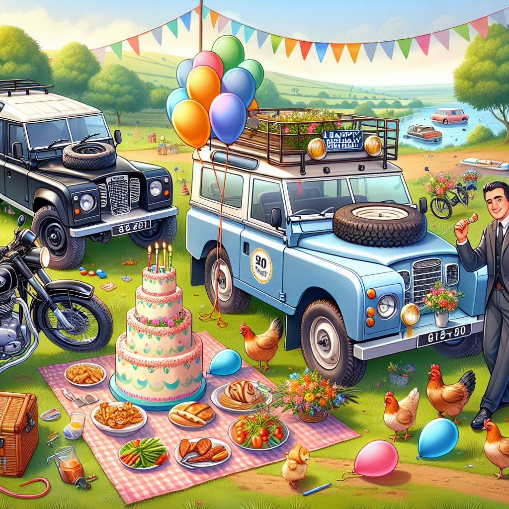 Create a delightful birthday-themed illustration set in a peaceful countryside landscape. A Caucasian male rally driver and a Hispanic female motorcycle enthusiast are seen resting near their vehicles—an animated rally car and a glossy motorbike—which are decorated with vibrant balloons and party hats. The primary focus is a Land Rover, arranged for a picnic, with a festive birthday cake resting on its bonnet. A group of curious chickens peck at party nibbles scattered around. Overseeing this adorable chaos is a South Asian male funeral director, usually seen in more solemn settings, joyously holding a 'Happy Birthday' banner.
Generated with these themes: Rally driving, Motorcycle , Funeral Director, Landrover, and Chickens.
Made with ❤️ by AI.