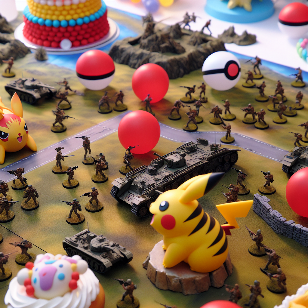 A detailed model battlefield from a table-top war game lays significantly across a table's heart, featuring miniature troops deep in a perpetual battle. Intermittently scattered elements from a popular creature-catching Japanese game are visible, with red and white spherical objects and a yellow, electric-themed creature shaped dessert at the edge. Softening the intense environment are elements of a canine-themed celebration, with cone-shaped party caps themed after dogs and helium-filled party decorations imprinted with footprints of a typical domestic canine, bringing a nuanced coziness to the otherwise hard-hitting realism of the celebration.
Generated with these themes: Warhammer, Pokemon, and Dog.
Made with ❤️ by AI.