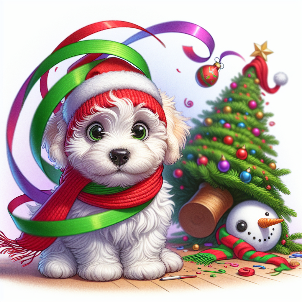 A comical drawing featuring a white Maltipoo, with a red and green scarf, hilariously tangled in colorful ribbons, with wide, innocent eyes, sitting beside a toppled Christmas tree and a bemused snowman.
Generated with these themes: White Maltipoo.
Made with ❤️ by AI.