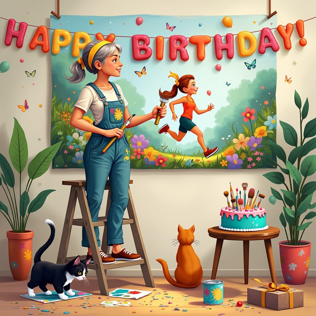 Female, Middle age, Painting and decorator, Stepladder, Black with white cat, Ginger cat, and Runner Birthday Card