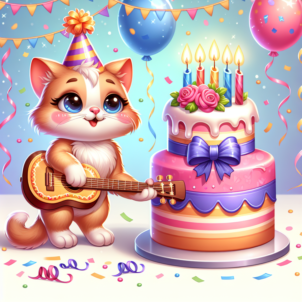 Create a splendid vector illustration embodying a birthday theme. Visualize an endearing, cartoon-styled feline, outfitted with a party hat, positioned next to a vibrant birthday cake that has candles glowing on top. This feline character is softly playing a diminutive guitar that is decorated with festal ribbons, adding a merry tune to the scene. Include confetti and balloons leisurely wafting in the backcloth, further intensifying the jolly ambiance of the scene.
Generated with these themes: Guitar, and Cat.
Made with ❤️ by AI.