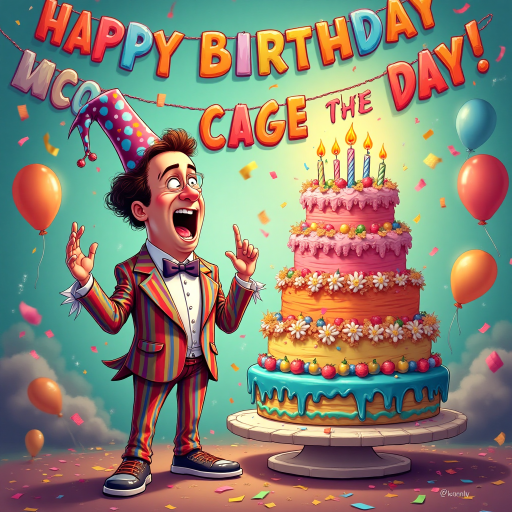 **Image Prompt:**

Picture a cartoon-style scene set in a whimsical, vibrant world. Front and center, we have a caricature of Nicholas Cage, exaggerated features and all, with his signature expressive face, dressed in a hilariously over-the-top birthday outfit—think a polka-dot party hat and a rainbow-striped tuxedo.

Nicholas is joyfully singing, with musical notes floating around his head, as he stands in front of a giant, towering birthday cake with brightly colored layers and a myriad of lit candles flickering merrily. The cake is almost cartoonishly tall, swaying slightly, as if it's about to topple over from its own magnificence.

Next to him, there’s a colorful birthday banner strung across the top of the image, with the words: "Happy Birthday, Lisa! Cage the Day!" written in bold, playful letters. The whole scene is bustling with lively energy, with confetti and balloons hovering around, creating an atmosphere of fun and festivity. The colors are vivid and pop right off the card, perfectly capturing the joyous chaos of a birthday celebration.
Generated with these themes: Nicholas cage, Singing happy birthday lisa, and .
Made with ❤️ by AI.