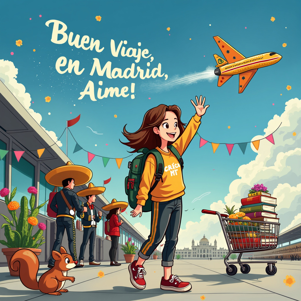 In this vibrant farewell scene, Aime is depicted as a cheerful brown-haired girl, wearing a university sweatshirt and a backpack filled with books, standing at a bustling airport terminal. She's waving goodbye to her friends and family from Mexico, who are all gathered around a large, colorful piñata shaped like an airplane. The piñata has been decorated with a banner that reads "Buen Viaje, Aime!" in bright, festive letters.

To the left of the scene, a traditional Mariachi band is playing lively music, their sombreros tilted jauntily as they serenade Aime with farewell tunes. The terminal is adorned with festive papel picado banners, fluttering gently in the air, and vibrant marigold flowers placed around the scene, adding a touch of Mexican tradition.

Above Aime, in the clear blue sky, a playful formation of white clouds spells out "¡Buena Suerte en Madrid, Aime!" in a whimsical, cursive style. On the horizon, you can see a stylized airplane taking off towards the sunset, its contrail forming a heart shape as it heads towards a small, charming illustration of Madrid in the distance. Madrid is represented with iconic landmarks like the Royal Palace and Puerta de Alcalá, subtly integrated into the background.

To add a touch of humor inspired by Gary Larson, in the foreground, there’s a mischievous squirrel with a tiny sombrero, cheekily trying to sneak into Aime’s backpack. Nearby, a cartoonish luggage trolley overloaded with books and a small cactus plant wobbles precariously, adding an element of comic relief reminiscent of Bill Watterson's Calvin and Hobbes.

The overall scene is a vibrant tapestry of cultures, blending Mexican warmth and Spanish adventure, all centered around Aime’s exciting journey to start her new life at university in Madrid. The detailed elements and playful touches make this farewell card a unique and heartwarming keepsake.
Generated with these themes: Moving to madrid spain, Brown hair girl starting University, and Leaving mexico.
Made with ❤️ by AI.