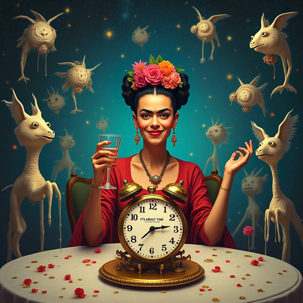 At the top of the Surreal Style image, include the text: "Look who just turned 29".

---

In a mystical, dreamlike setting, create an image where a lively seance unfolds, featuring Frida Kahlo, who is artfully painted with an exaggerated unibrow and vibrant flowers woven into her hair. She sits at a round table, surrounded by an assembly of ethereal spirits who resemble melting clocks and abstract shapes, reminiscent of a Dali masterpiece. Each spirit floats weightlessly, forming an aura of mysterious energy.

In the background, a starry night sky stretches across the canvas, where twinkling constellations morph into peculiar forms – think giraffes on roller skates or fish with wings. In the midst of this surreal spectacle, Frida, with a cheeky grin, raises a glass in celebration. On the table, an ornate cake shaped like a distorted clock commemorates the milestone with the cheeky phrase "It's About Time!"

The image blends elements of whimsy and bold colors, capturing a magical and surreal essence perfect for a memorable, if slightly rude, birthday greeting.
Generated with these themes: Seance with freida kahlo and stars in the background, and .
Made with ❤️ by AI.