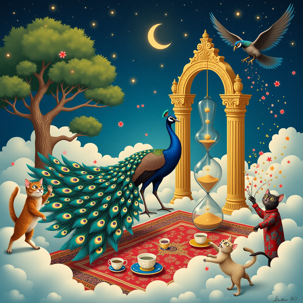 In this surreal New Year's greeting card, the scene unfolds like a whimsical tapestry woven with Persian elegance and fantastical charm. At the center, a majestic peacock with iridescent feathers, reminiscent of Persian miniature art, elegantly struts on a richly adorned Persian carpet that seems to float on a sea of clouds. The peacock's tail fans out in a dazzling array of blues and greens, each eye-shaped plume harboring a tiny moon, symbolizing the passage of time. Surrounding the peacock are delicate teacups perched on fluffy white clouds, filled with steaming Persian tea, their intricate patterns echoing the floral motifs of Persian rugs.

In the background, a grand Persian archway made of gold and sapphire frames the scene, its intricate carvings depicting the fabled Shahnameh heroes in miniature, adding layers of storytelling to the composition. Through the archway, a crescent moon gleams softly, its face subtly anthropomorphized with a serene smile, casting a gentle glow on the scene below. To the left, a mythical Simurgh bird is perched on an ancient cypress tree, its feathers gleaming like a kaleidoscope of jewels, a nod to both Persian mythology and Beatrix Potter's whimsical creatures.

In the foreground, a pair of mischievous Persian cats, painted with an Edward Gorey-esque gothic flair, paw playfully at a golden hourglass. The sands within swirl magically, forming the numbers "2024" as they cascade from the top chamber to the bottom. A whimsical Quentin Blake-inspired figure, dressed in an elaborately embroidered Persian robe, dances joyfully beside the hourglass, holding a string of colorful firecrackers, each popping with a little burst of confetti and flowers.

In the top right corner, the sky is a dreamy blend of Maxfield Parrish’s vibrant hues of twilight, where tiny stars twinkle with the warmth of Norman Rockwell's gentle light, while a playful wind swirls around, scattering the whimsical floral petals from the carpet into the night air. This fantastical illustration combines the rich cultural heritage of Persian art with a touch of surrealism and whimsical storytelling, inviting the viewer into a new year of magic and wonder.
Generated with these themes: Persian style happy new year.
Made with ❤️ by AI.