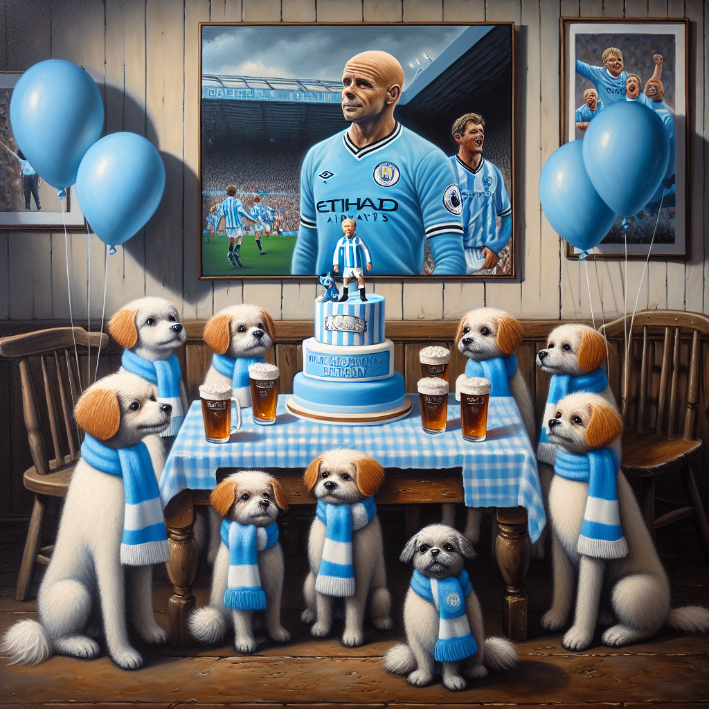 A charming realist portrayal of a delightful birthday scene takes place in a cozy room adorned with decorations bearing light blue and white, the colors commonly associated with a certain Northern England football club. The center of attention is a group of adorable dogs all donning light blue scarves, gathered around a cake with a miniature action figure of a charismatic and skilled football player atop it. The walls of the room feature posters of a star football player, and a few well-positioned balloons float above. On a rustic wooden table, pints of frothy dark beer await the guests, lending a grown-up twist to the festive ambiance.
Generated with these themes: Dogs Man City Fc Guinness. Bernardo Silva.
Made with ❤️ by AI.
