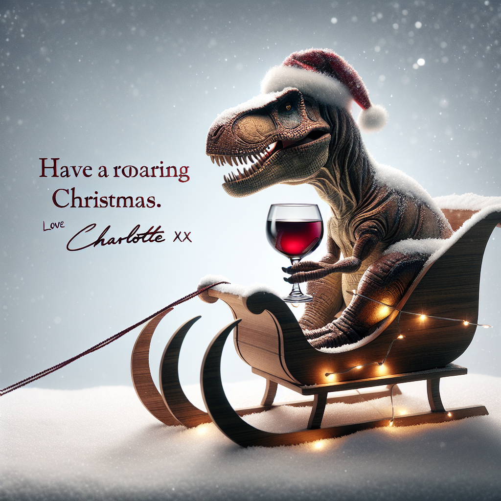 A charming scene unfolds featuring a lifelike T-rex adorned with a festive Christmas hat, comfortably seated in a smoothly carved wooden sleigh. In its dexterous claw, the T-rex holds a delicate glass of red wine, adding an air of celebration. Twinkling lights and soft snowfall set the mood, while the message 'Have a roaring Christmas. Love Charlotte xx' is etched elegantly into the snow below.
Generated with these themes: T-rex with a Christmas hat on, riding a sleigh with glass of red wine in hand.
Made with ❤️ by AI.