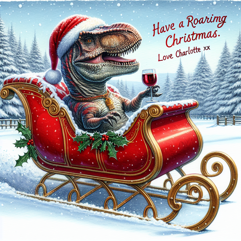 Imagine a cozy winter scene where a realistically cute T-rex is snuggled into a classic red sleigh, a Santa hat jauntily placed atop its head. The sleigh, adorned with golden runners and a holly trim, glides through the snow. The T-rex, a picture of contentment, holds onto a glass of red wine. Scrawled in the snow next to the sleigh are the words 'Have a roaring Christmas. Love Charlotte xx', bringing warmth to the tableau.
Generated with these themes: T-rex with a Christmas hat on, riding a sleigh with glass of red wine in hand.
Made with ❤️ by AI.