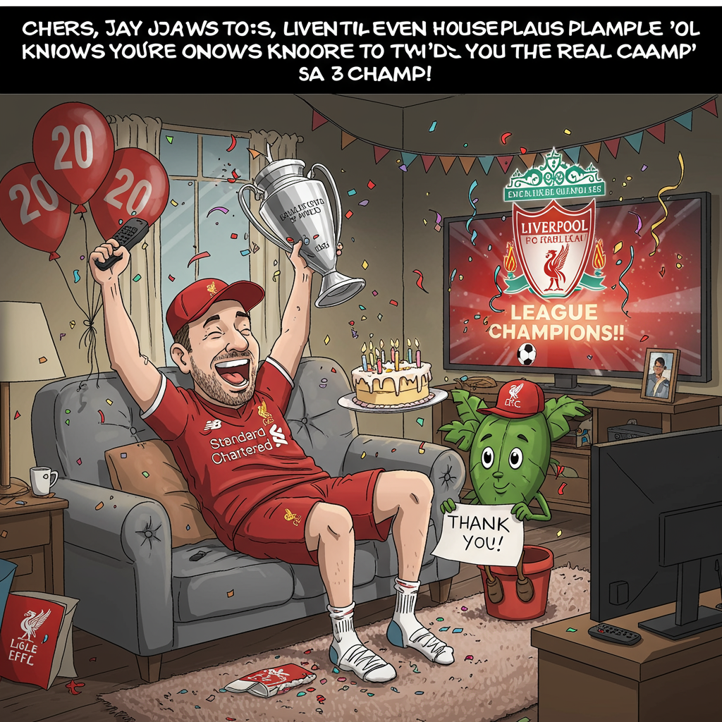 **Prompt for AI Image Generation (Funny Cartoon Style, Thank-You Greeting Card):**

*At the top of the cartoon image:*  
**"Cheers, Jay — Even the Houseplant Knows You're the Real Champ!"**

**Image Description:**  
A cartoon-style image featuring a joyful man lounging proudly on a saggy grey sofa, mid-cheer, wearing a Liverpool FC shirt that's clearly a bit too snug and a matching Liverpool FC baseball cap tilted at a jaunty angle. He’s holding a birthday cake in one hand, a TV remote in the other, and his socks don't match. Confetti and **ridiculous amounts of glitter** are flying everywhere like the man has mistaken his living room for the Anfield stadium after a title win. A single lonely houseplant sits beside the sofa, also sporting a tiny Liverpool hat, holding a hand-written thank-you sign with its leaves. Behind him, a TV screen shows “Liverpool: League Champions!!!” in glowing letters, with streamers erupting out of it for some wild cartoon logic. Birthday balloons shaped like the number of goals Liverpool scored this season float in the background.

Everything feels a little over-the-top in celebration — a perfect mix of thank-you and football-fuelled birthday chaos.
Generated with these themes: Man, Birthday, Liverpool fc shirt, Liverpool fc baseball hat, Liverpool are league champions, Grey Sofa, One houseplant, Lots of glitter, , , and .
Made with ❤️ by AI.