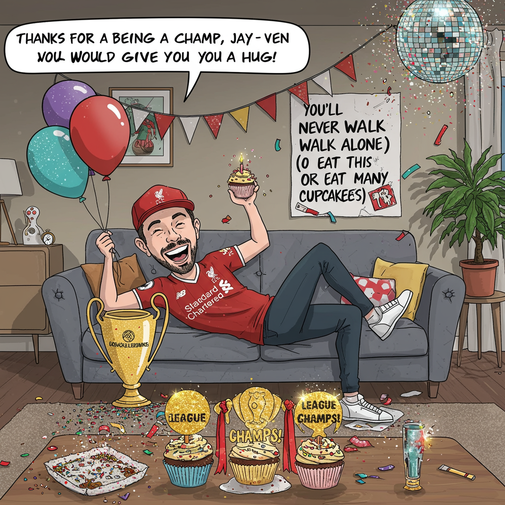 **Image Prompt:**  
At the top of the cartoon image: *“Thanks for being a champ, Jay – even Klopp would give you a hug!”*

Cartoon-style scene: A grinning man (Jay) sprawled triumphantly across a well-loved grey sofa, decked out in a Liverpool FC shirt and a slightly crooked Liverpool FC baseball cap. He’s holding a birthday balloon in one hand and a glittery golden “LEAGUE CHAMPS!” trophy-shaped cupcake in the other.

Behind him on the wall, there’s a wonky homemade banner reading “YOU’LL NEVER WALK ALONE (OR EAT THIS MANY CUPCAKES)”.

Next to the sofa sits one heroic, slightly sad houseplant – it’s been sprinkled with too much glitter and now sparkles wildly under a disco ball. The entire room is bedazzled with an explosion of glitter, as if a confetti cannon has gone off during a victory parade.

The vibe: Birthday chaos meets footy fever celebration, full of sparkle and silly fun.
Generated with these themes: Man, Birthday, Liverpool fc shirt, Liverpool fc baseball hat, Liverpool are league champions, Grey Sofa, One houseplant, Lots of glitter, , , and .
Made with ❤️ by AI.