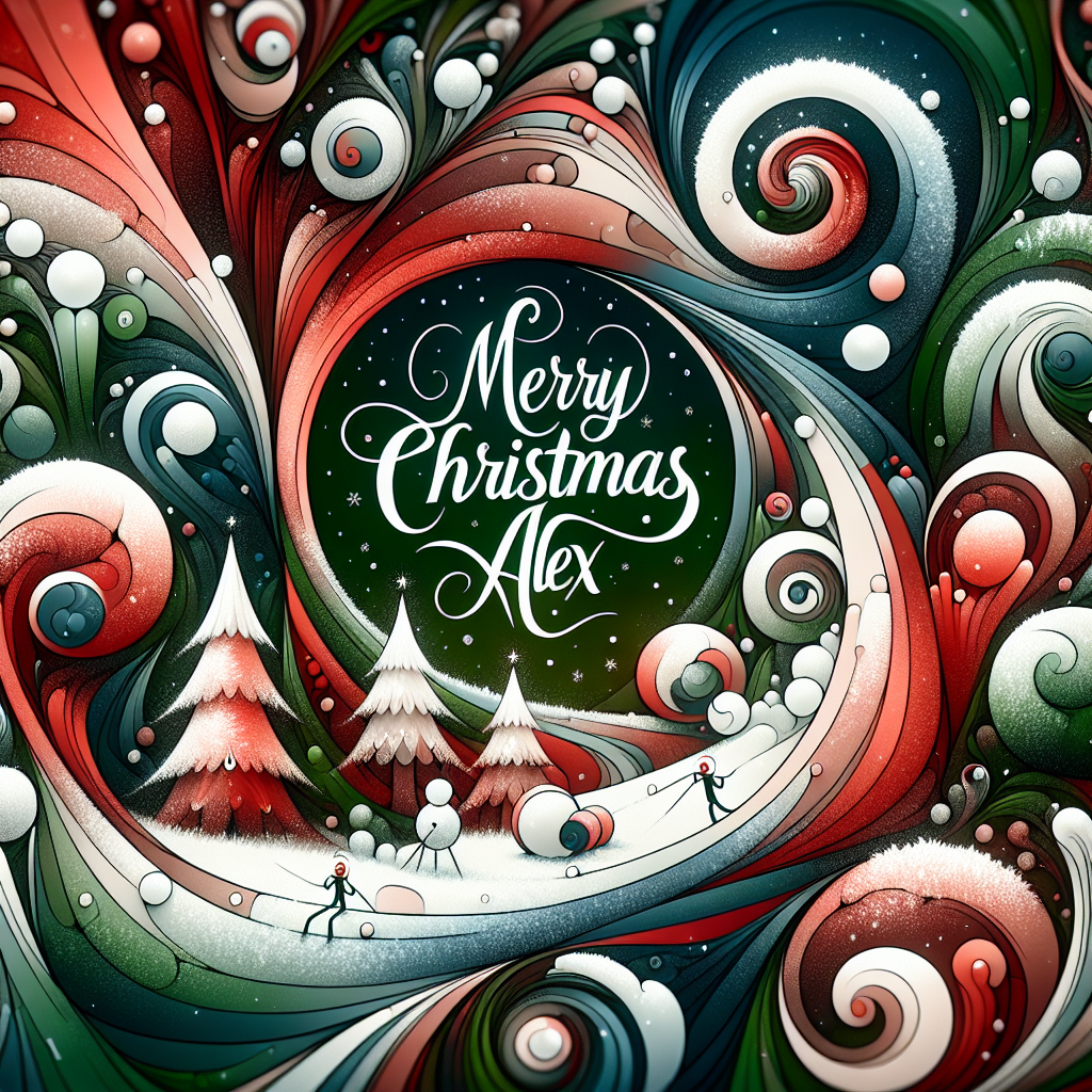 A whimsical abstract Christmas scene unfolds featuring swirling patterns of red, green, and white, evoking the impression of a dreamy snow globe. In the center, 'Merry Christmas Alex' is inscribed in elegant, snowy script that appears to dance among the abstract shapes. Playfully peering out from behind abstract Christmas trees are two festive characters representing 'Sara e Fabio,' with their names etched just below them in cheerful, bold lettering.
Generated with these themes: Merry Christmas Alex.
Made with ❤️ by AI.
