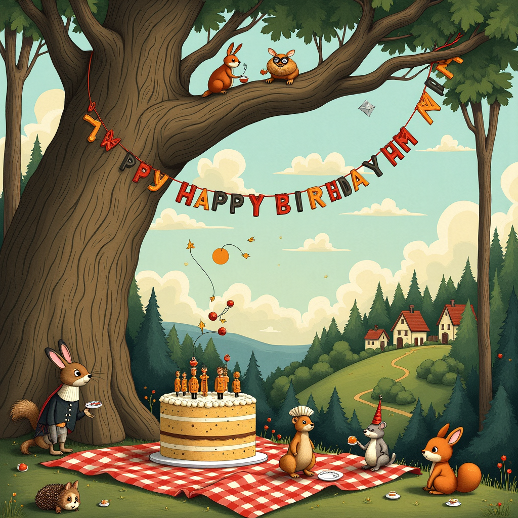 In a fantastical birthday scene inspired by classic artists, envision a whimsical village nestled in the crook of a giant, twisting tree with branches that reach the clouds. The tree serves as the heart of the scene, its bark adorned with swirling patterns reminiscent of Aubrey Beardsley's intricate linework. Perched atop the branches, a group of animated animals, including a rabbit in a waistcoat and spectacles and a tiny fox with a monocle, prepare for a joyous celebration. A mischievous squirrel dangles a colorful string of pennant flags from the branches, spelling out "HAPPY BIRTHDAY TOM" in vibrant letters, each crafted to resemble different woodland elements, like leaves, acorns, and berries.

Below, on a checkered picnic blanket laid on the forest floor, sits a large, elaborately decorated cake, inspired by the imaginative detail of Maurice Sendak. The cake is topped with miniature edible sculptures of creatures dancing, echoing the style of Beatrix Potter, and is surrounded by vintage toy soldiers reminiscent of N.C. Wyeth's robust characters, standing guard over the sugary fortress. To the left, a hedgehog wearing a tiny chef's hat offers slices of cake to a line of patient critters, each holding a plate or fork. 

In the sky above, fluffy clouds part to reveal a golden sun, its rays resembling the elegant curvature of Maxfield Parrish’s work. In the distance, atop a hill, a quaint village echoes the style of Norman Rockwell, with charming thatched-roof cottages and a winding cobblestone path leading to the festivities. The scene is framed by towering trees, their trunks and foliage detailed with the moody, ethereal touch of Arthur Rackham. The backdrop hints at an endless forest, where Edward Gorey's playfully eerie figures might just be lurking behind a thicket, adding an air of mystery to the celebration. As a nod to Quentin Blake, a child-like drawing of a kite flying in the sky has been scrawled above the gathering, fluttering with vibrant, sketchy charm. This composition captures a world where whimsy meets the grand adventure, all in honor of Tom's special day.
Generated with these themes: Happy Birthday Tom.
Made with ❤️ by AI.
