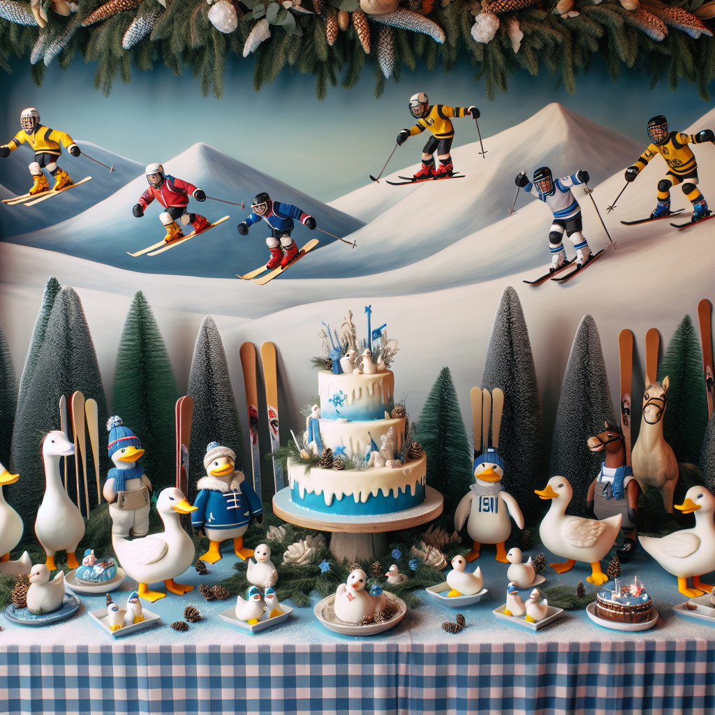 Visualize a birthday scene, the heart of which is a festive table covered in a blue and white checkered cloth. Among pine boughs, there are duck figurines and horse miniatures, each adorned with tiny party hats. Along one side of the table, there is a cake with a skiing and hockey theme, garnished with fondant representations of skis, poles, a puck, and a stick, becoming the center of attraction for the attendees. The background boasts a hand-painted mural featuring snowy mountains where the duck and horse mascots are shown participating in ski and hockey sports, adding to the festive atmosphere of this winter sports-themed celebration.
Generated with these themes: Ducks, Horses, Sking, and Hockey.
Made with ❤️ by AI.
