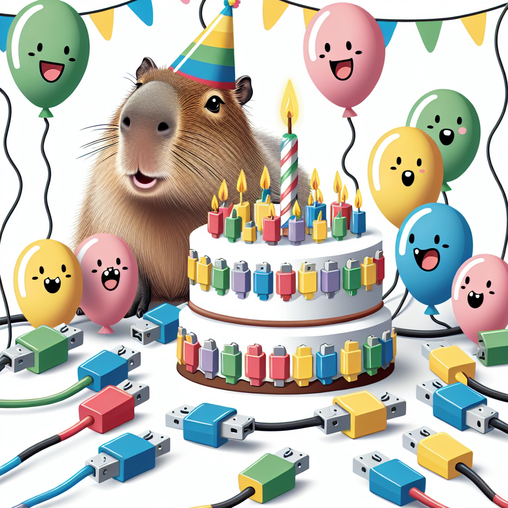 Create an enjoyable cartoon-style birthday scene featuring a joyous capybara wearing a party hat. The capybara is encircled by a group of multicolored, grinning electrical connectors that have adorable faces. These connectors are wrapped with streamers and balloons, thoughtfully shaped to mimic their distinct shapes. A major highlight of this scene is a monumental birthday cake, adorned with mini capybaras and designs inspired by the connectors, which rests in the center.
Generated with these themes: Capybara, and Electrical connectors.
Made with ❤️ by AI.