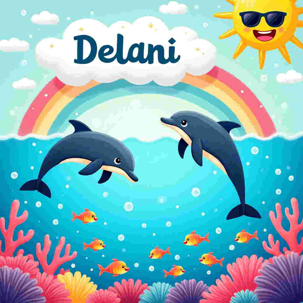 In a vibrant, whimsical underwater world, a duo of dolphins leap joyously from the azure waves, their sleek bodies arcing gracefully through the air. The backdrop is a kaleidoscope of colors, as a magnificent rainbow stretches across the sky, arching from one side of the card to the other. Each hue of the rainbow glistens with sparkles, like a sprinkle of magical fairy dust. Below the dolphins, a cluster of coral reefs in vivid pinks, purples, and yellows provides a dazzling spectacle, their forms intricately detailed. Above the rainbow, the sky is a soft pastel blue with fluffy white clouds, and in the largest cloud, the name "Delani" is whimsically scrawled in playful, bubble-like letters that are adorned with tiny, shimmering stars. In the foreground, a school of tiny, cheerful fish, sporting exaggerated grins, frolic amidst the bubbles that float up towards the surface, adding to the lively aquatic ambiance. In the top right corner, a quirky, cartoonish sun peeks into the scene, wearing oversized sunglasses, giving a cheeky nod to the fantastical nature of this thank-you card.
Generated with these themes: Dolphins and sparkles and rainbows.
Made with ❤️ by AI.