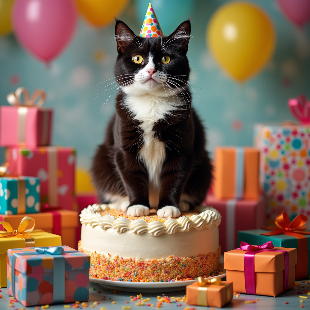 A plump tuxedo cat with a glossy black and white coat and striking yellow eyes stands proudly atop a large, colorful birthday cake, surrounded by an array of brightly wrapped presents. The scene is filled with vibrant balloons floating in the background, and the cat, wearing a tiny party hat, looks joyously content, adding a touch of playful elegance to the birthday celebration.
.
Made with ❤️ by AI.