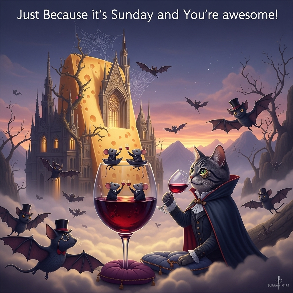 At the top of the Surreal Style image, the text reads: **Just Because it's Sunday and You're awesome!**

**Image Description:**

Imagine a dreamlike, surreal landscape where the laws of physics and logic have gone on a whimsical holiday. A gigantic wedge of cheese, resembling a gothic cathedral with intricate, spooky spires, looms majestically in the background. The cheese is draped with ornate vines and delicate webs spun by mysterious bats, which flutter gracefully around.

In the foreground, an elegantly dressed cat, with a cloak made of midnight hues and eyes sparkling with mischief, delicately sips from an oversized wine glass that seems to float on a sea of cloud-like cushions. The wine glass holds not only rich, red wine but also miniature, bobbing boats helmed by tiny, suited mice toasting to the cat’s grandeur.

Surrounding this feline connoisseur, a chorus of cartoonish bats, sporting top hats and monocles, perform a cute yet gothic ballet mid-air, casting shadows that dance eerily across the cheese cathedral.

The scene is bathed in an ethereal twilight glow, a dreamy mix of purples and golds, creating an ambiance that is as enchanting as it is bizarre. This quirky symphony of elements comes together to deliver a cheeky congratulatory jab, in true surreal style.
Generated with these themes: Cats,gothic,cute,cheese,wine,bats, and .
Made with ❤️ by AI.