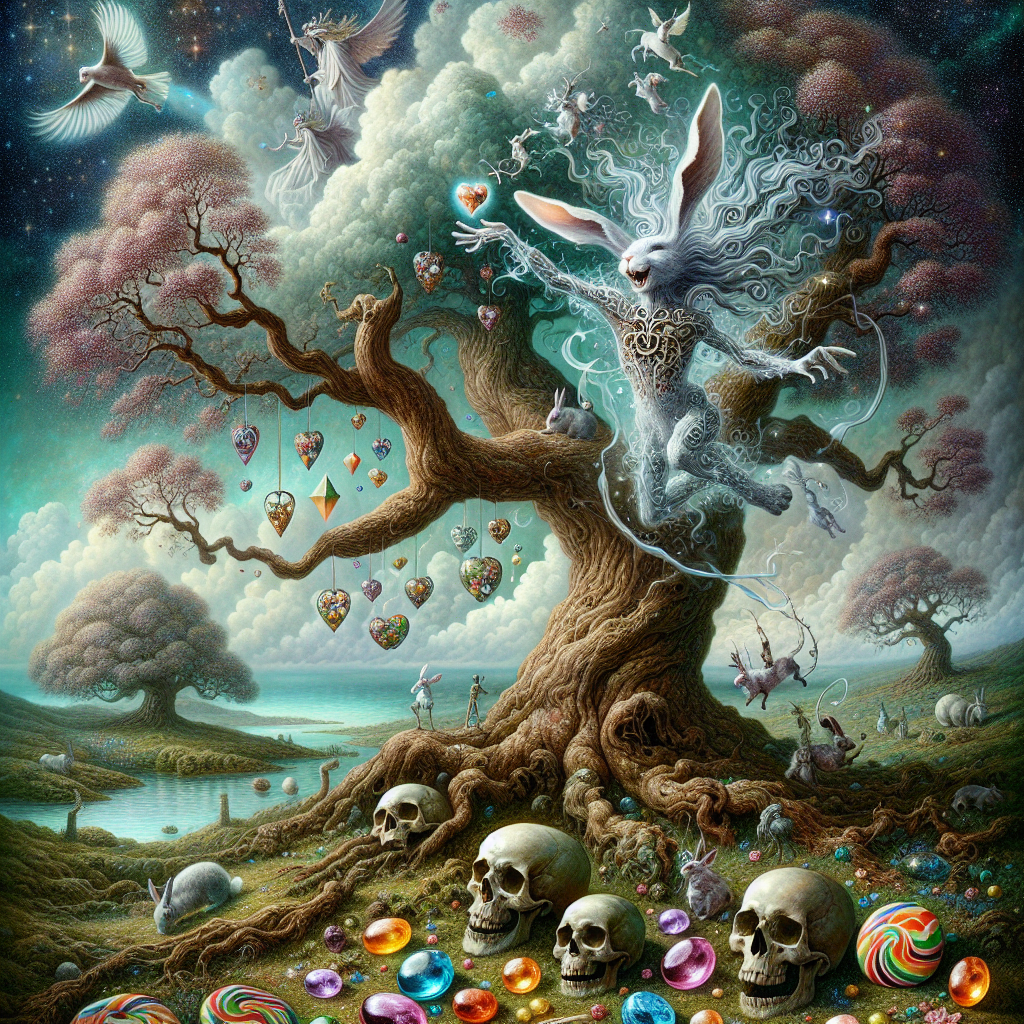 In a dreamlike panorama, we witness an otherworldly anniversary celebration. At the heart of the scene, a whimsical rabbit, symbolic of love and longevity, nestles at the base of an ancient, sprawling tree. Entwined within the branches, a spectral figure with wild hair and flamboyant attire that captures the spirit of classic rock, serenades the landscape, his ethereal figure melting into the leaves. Skulls rest beneath the tree, adding a touch of the macabre and surreal, hinting at past anniversaries. Scattered all around, sweeties glisten like gemstones, infusing the scene with bursts of color and joy.
Generated with these themes: Rabbit, Love, Tree, David Bowie, Skulls, and Sweeties.
Made with ❤️ by AI.
