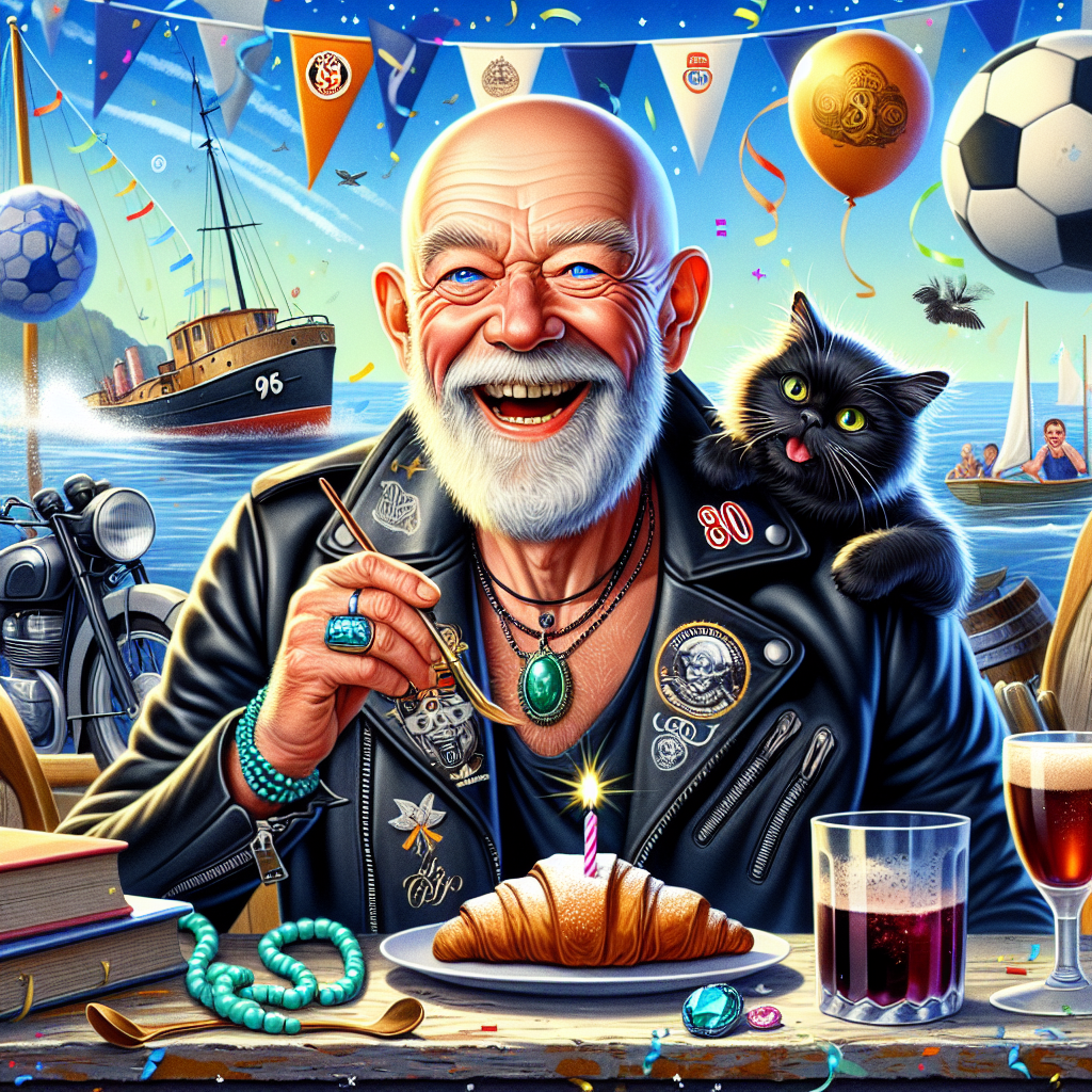 A vivid cartoon birthday depiction shows a bald, elderly Caucasian man possessing sparkling blue eyes, laughing with great joy. His stylish attire features a black leather motorcycle jacket, adorned with a generic emblem of a motorcycle, suggesting fondness for thunderous engines. A fluffy black cat in a formal pattern seems to be eyeing a croissant with playful mischief. The backdrop hums with the excitement of a soccer game and the tranquility of a sea paired with a small fishing vessel bobbing on the waves. Strewn around are books and turquoise jewelry, signs of an cultured existence. A glass of burgundy liquid rests on a weathered table accompanied by paintbrushes and an artist's canvas, defining the man as a painter. The atmosphere pulses with the enduring rhythms of rock music, marking the exuberance of his 80 years.
Generated with these themes: Bald old white man, Blue eyes, Fluffy black tuxedo cat, Motorcycle jacket, Red wine, Soccer, Trawler fishing boat, turquoise jewellery, Books, Croissant, Artist painter, rock music, Harley Davidson, and 80.
Made with ❤️ by AI.